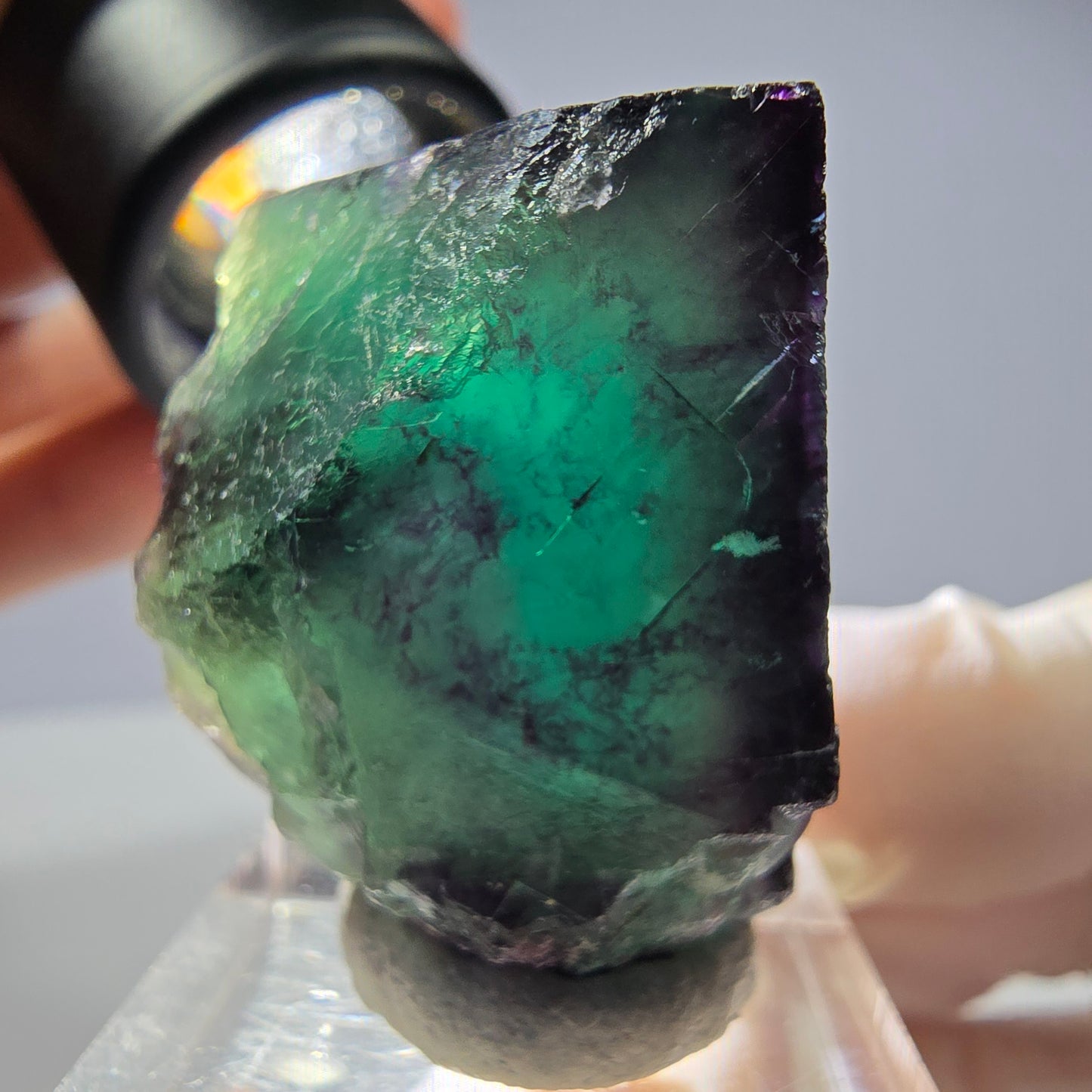 Rare cube de fluorite fantôme parqueté vert violet Okorusu Namibie 31*27*21mm