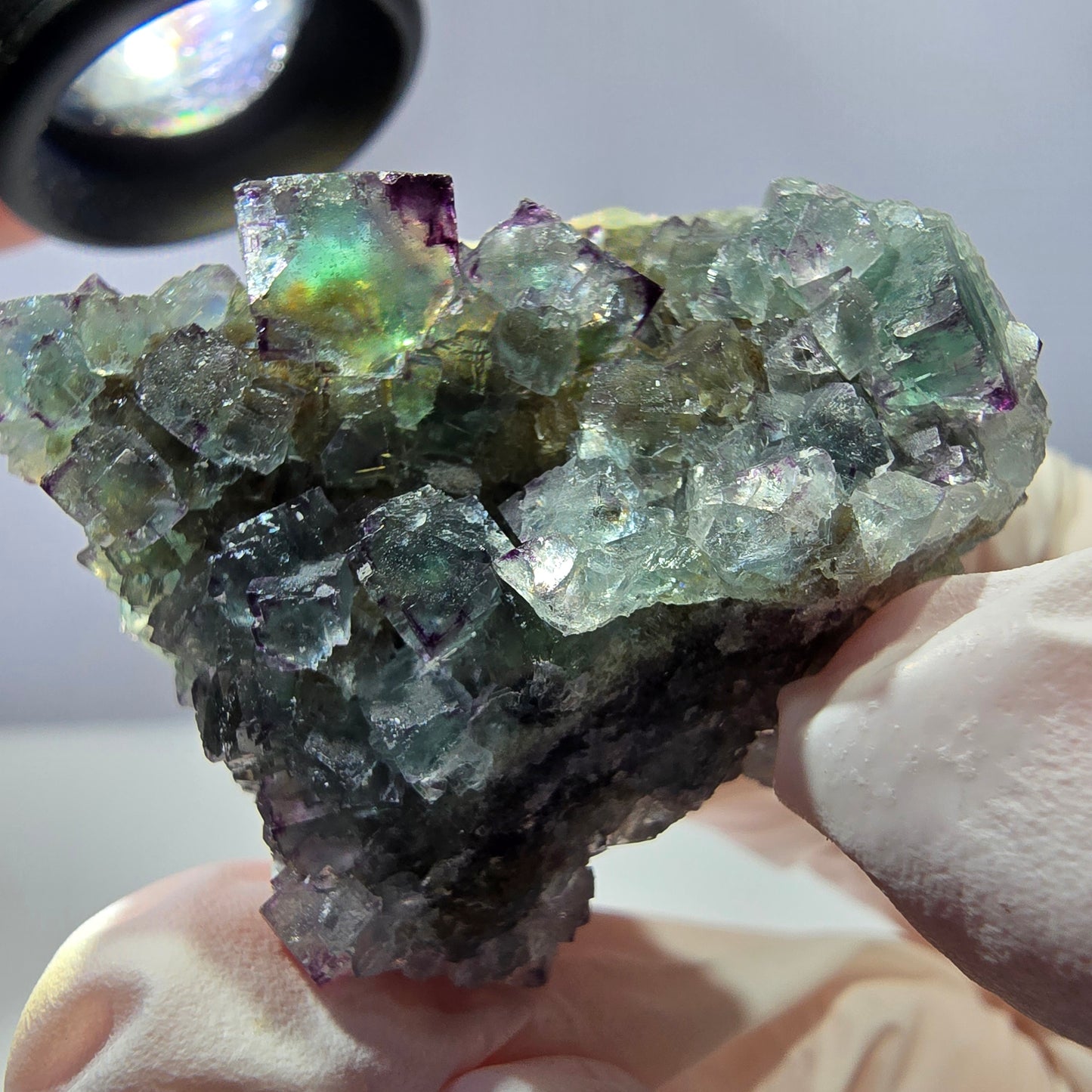 Spécimen de cube de fluorite fantôme, vert-violet zonal, Okorusu, Namibie, 35 x 35 x 28 mm