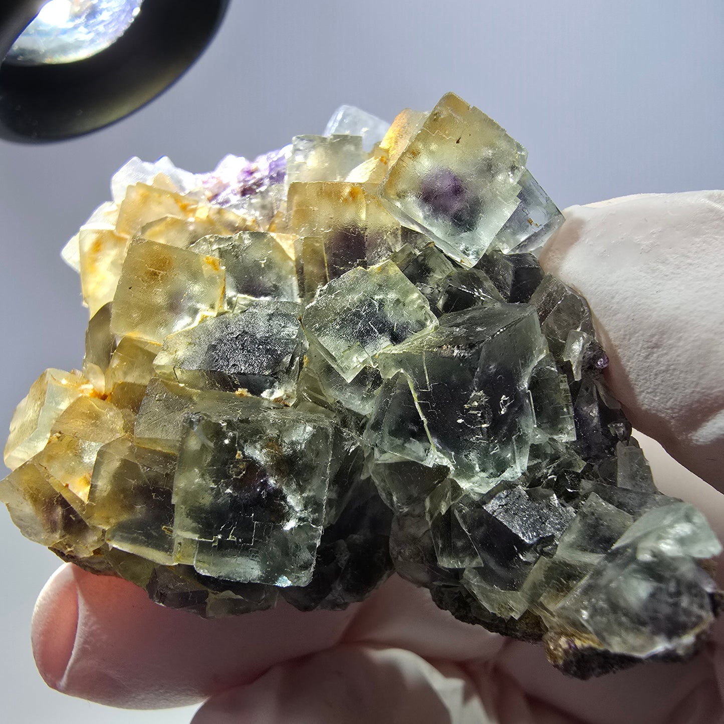 Spécimen de cube de fluorite fantôme transparente, vert-violet, Okorusu, Namibie, 54 x 41 x 22 mm