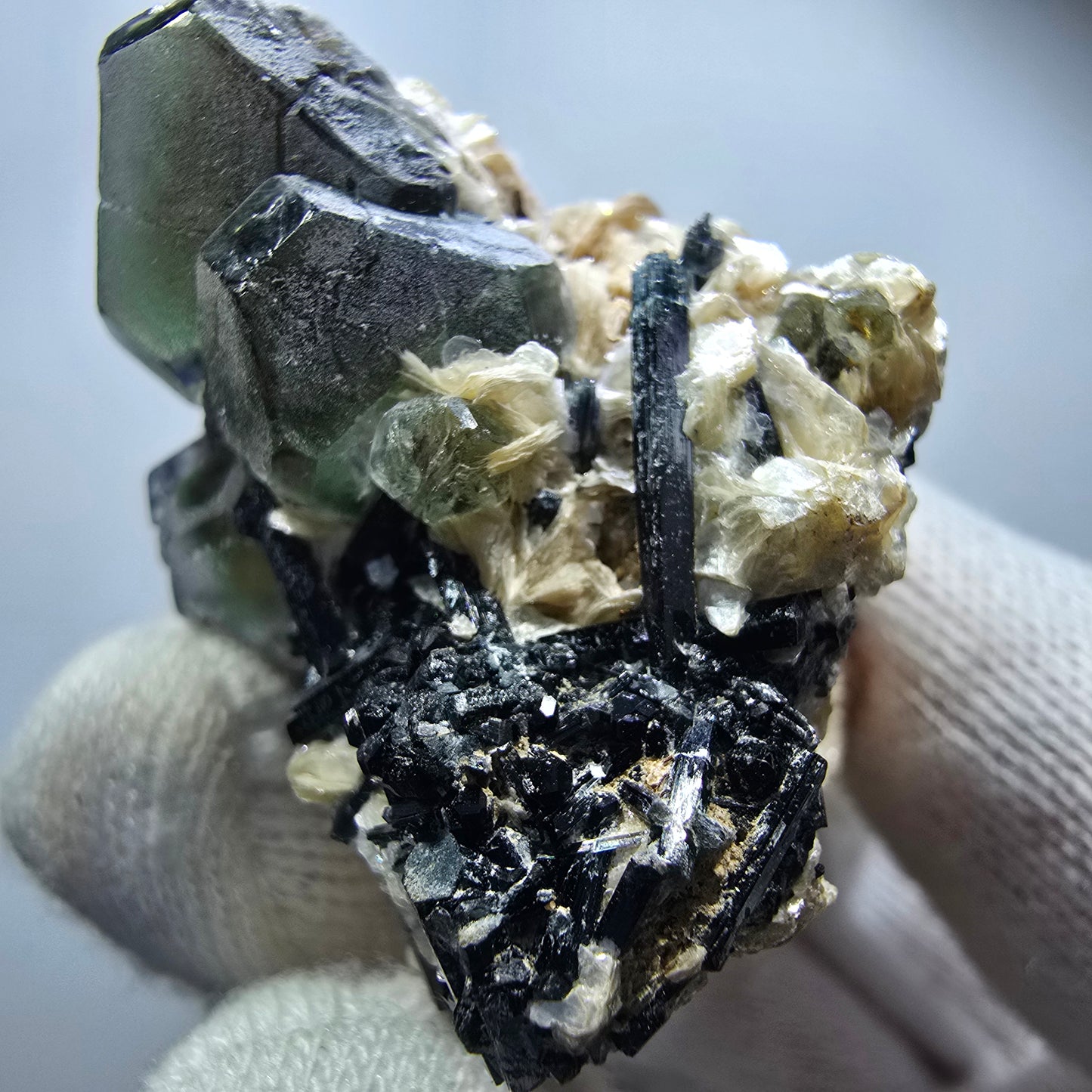 Phantom fluorite hexagonal, Schörl tourmaline, muscovite Erongo, Namibia 48*46*35mm