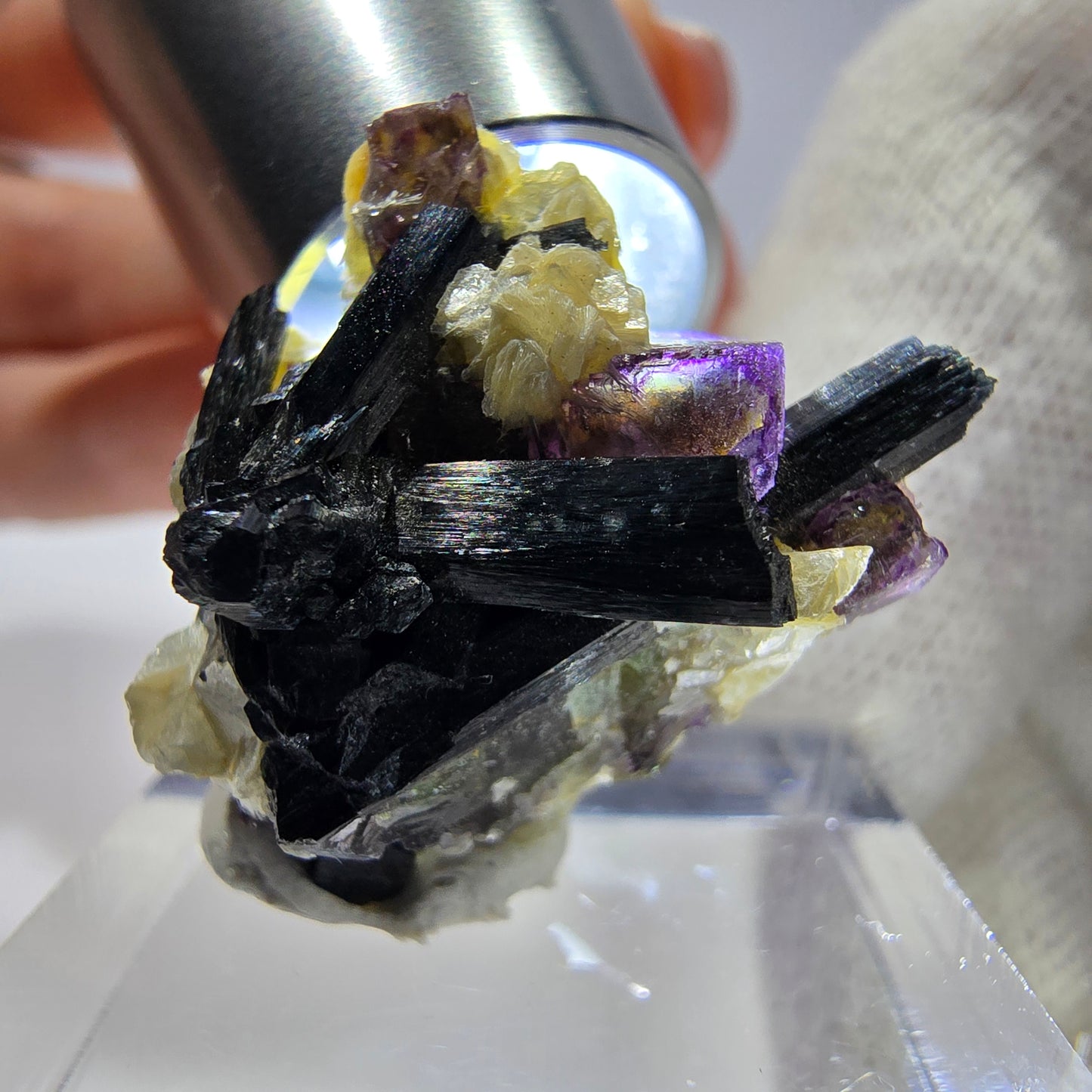Spécimen de fluorite fantôme colorée, tourmaline scholle, muscovite, Erongo, Namibie, 25 x 20 x 16 mm
