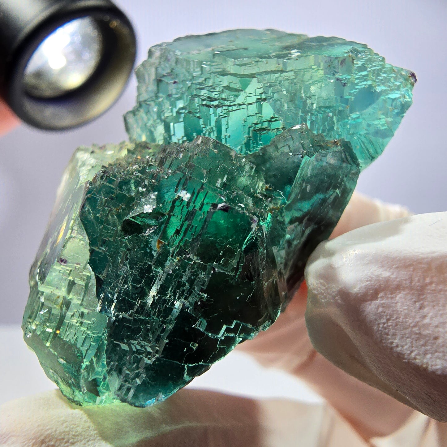 Spécimen de cube de fluorite fantôme transparente, parqueté vert Okorusu, Namibie 49 x 31 x 31 mm