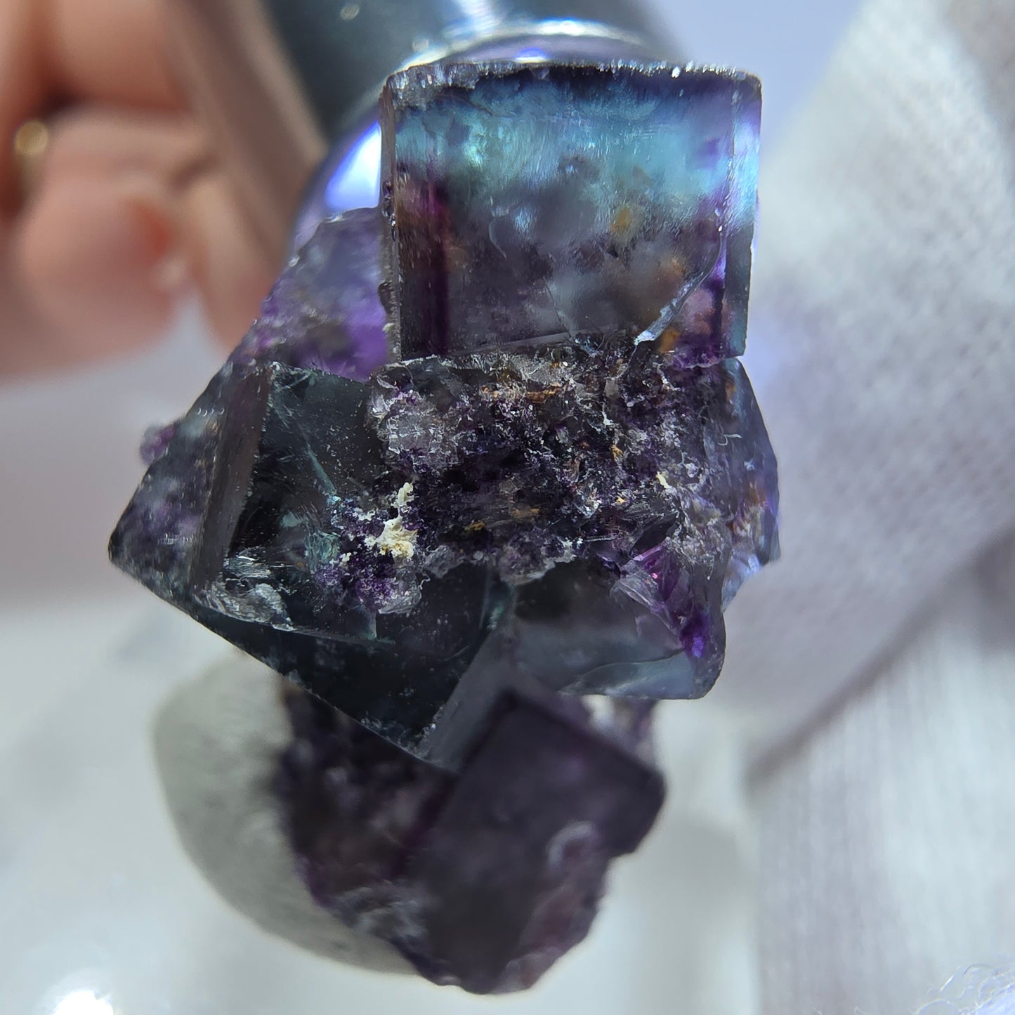 Spécimen rare de cube de fluorite fantôme, vert zonal et violet, Okorusu, Namibie, 30 x 21 x 17 mm