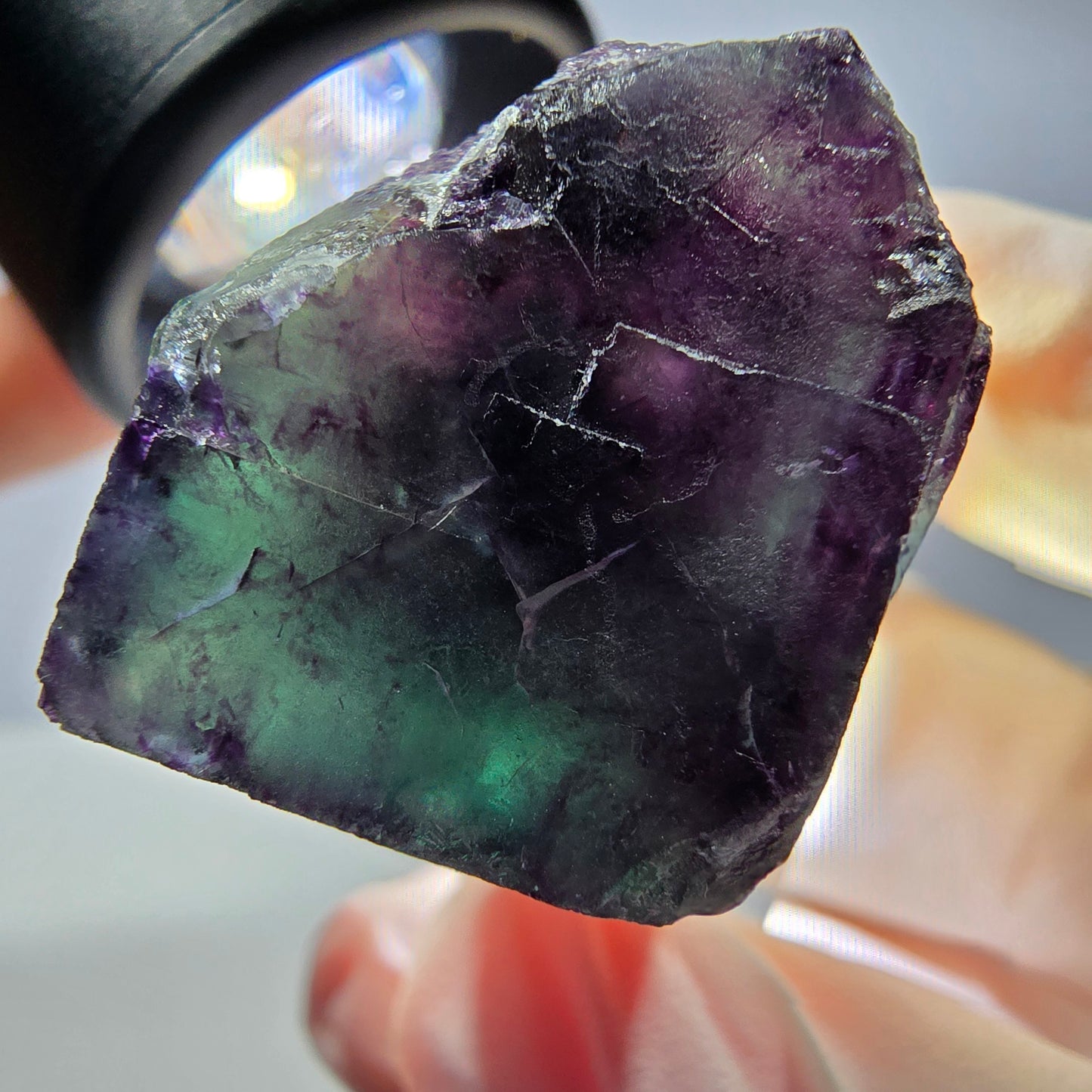 Rare cube de fluorite fantôme parqueté vert violet Okorusu Namibie 24*23*21mm