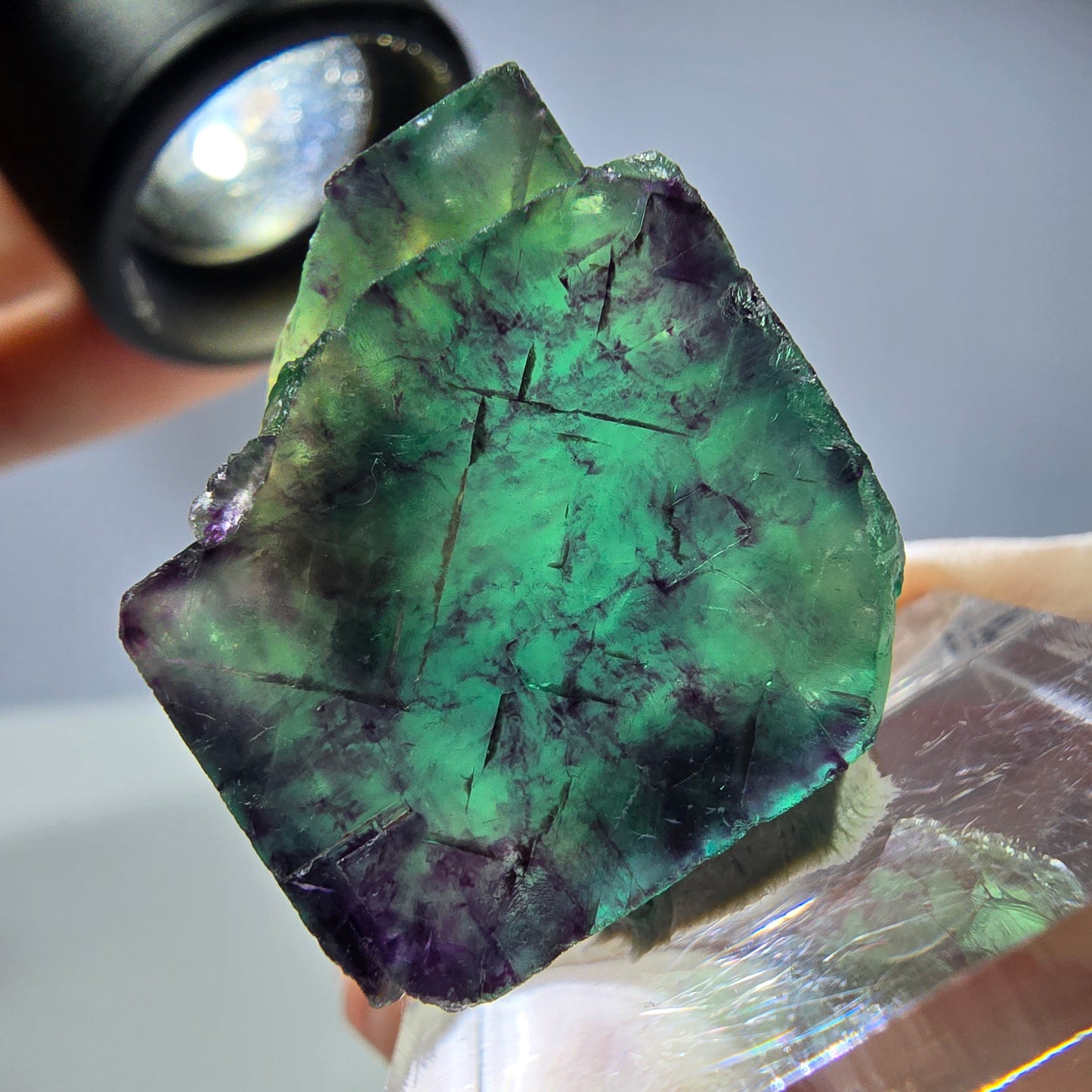 Rare cube de fluorite fantôme parqueté vert violet Okorusu Namibie 25*21*11mm