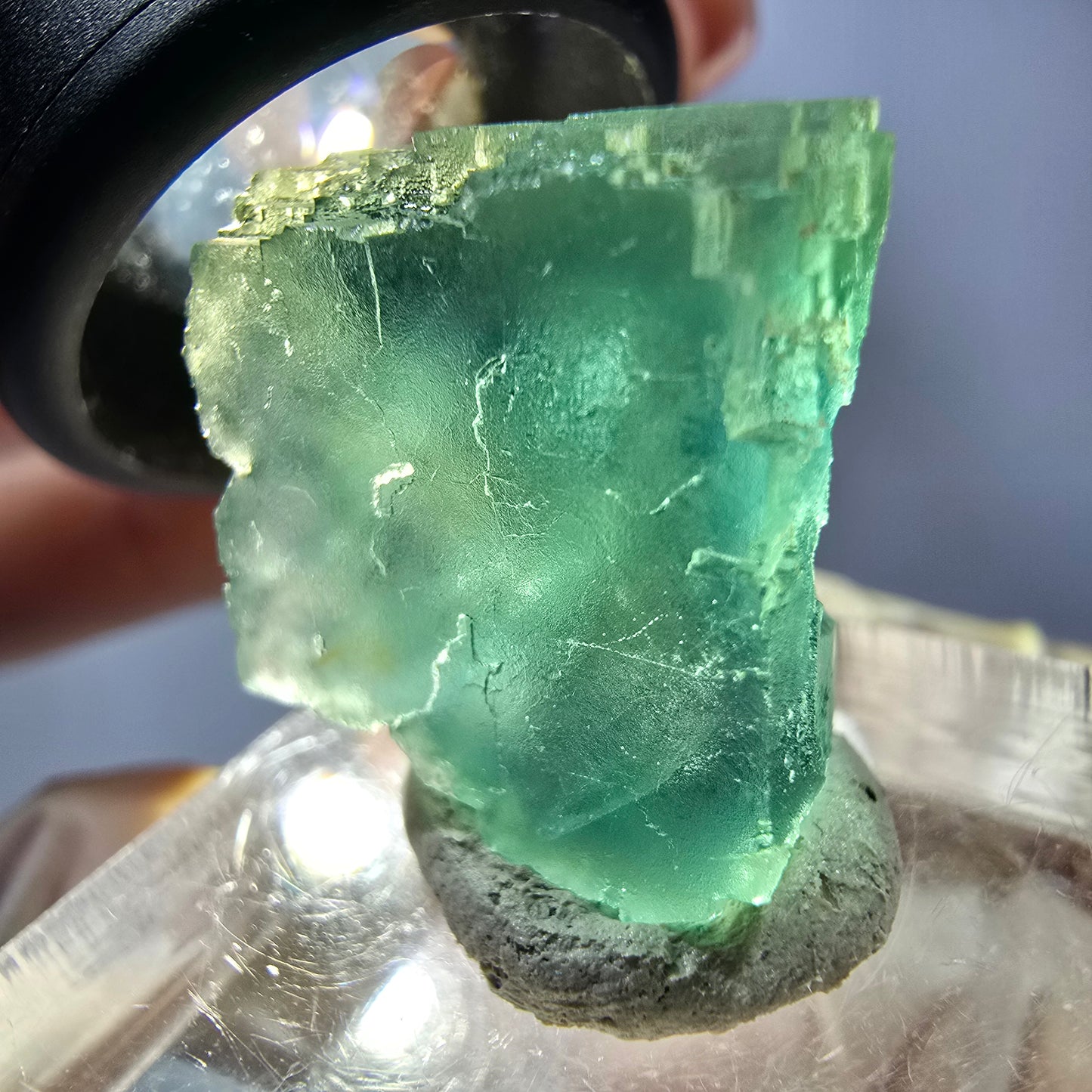 Cube de fluorite fantôme transparente parquetée, vert Okorusu, Namibie 19 x 18 x 15 mm