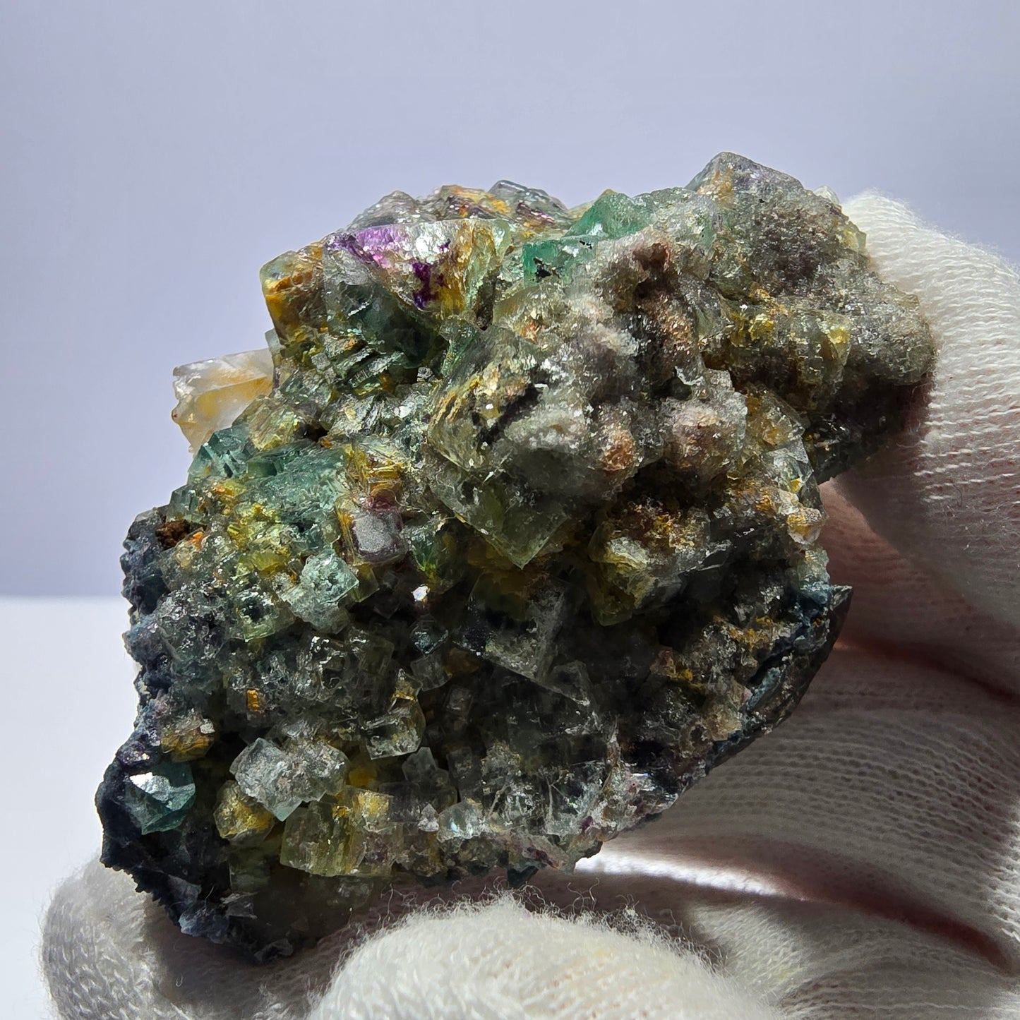 Phantom Fluorit Würfel zonal, Rauchquarz Stufe Erongo, Namibia 67*49*29mm