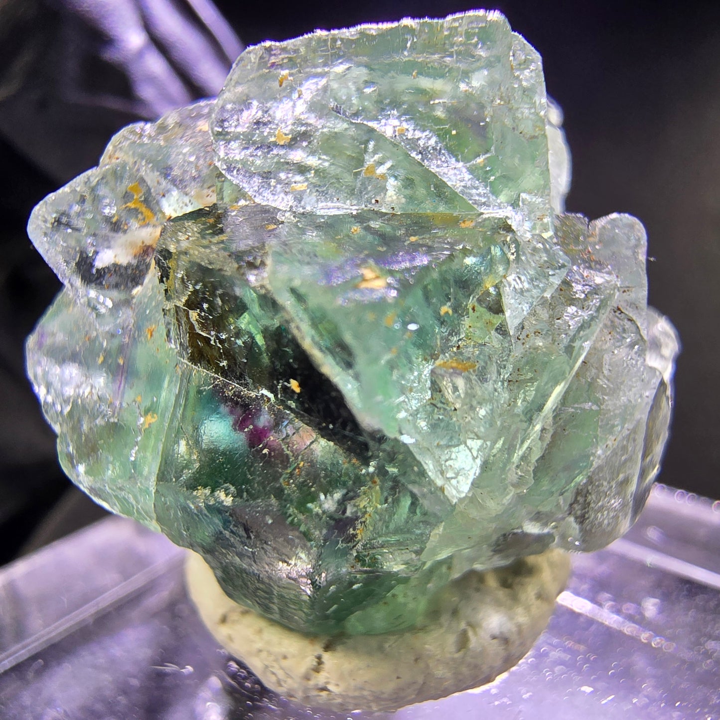 Klare Phantom Fluorit XX Würfel Stufe grün lila 23*19*17mm aus Okorusu, Namibia