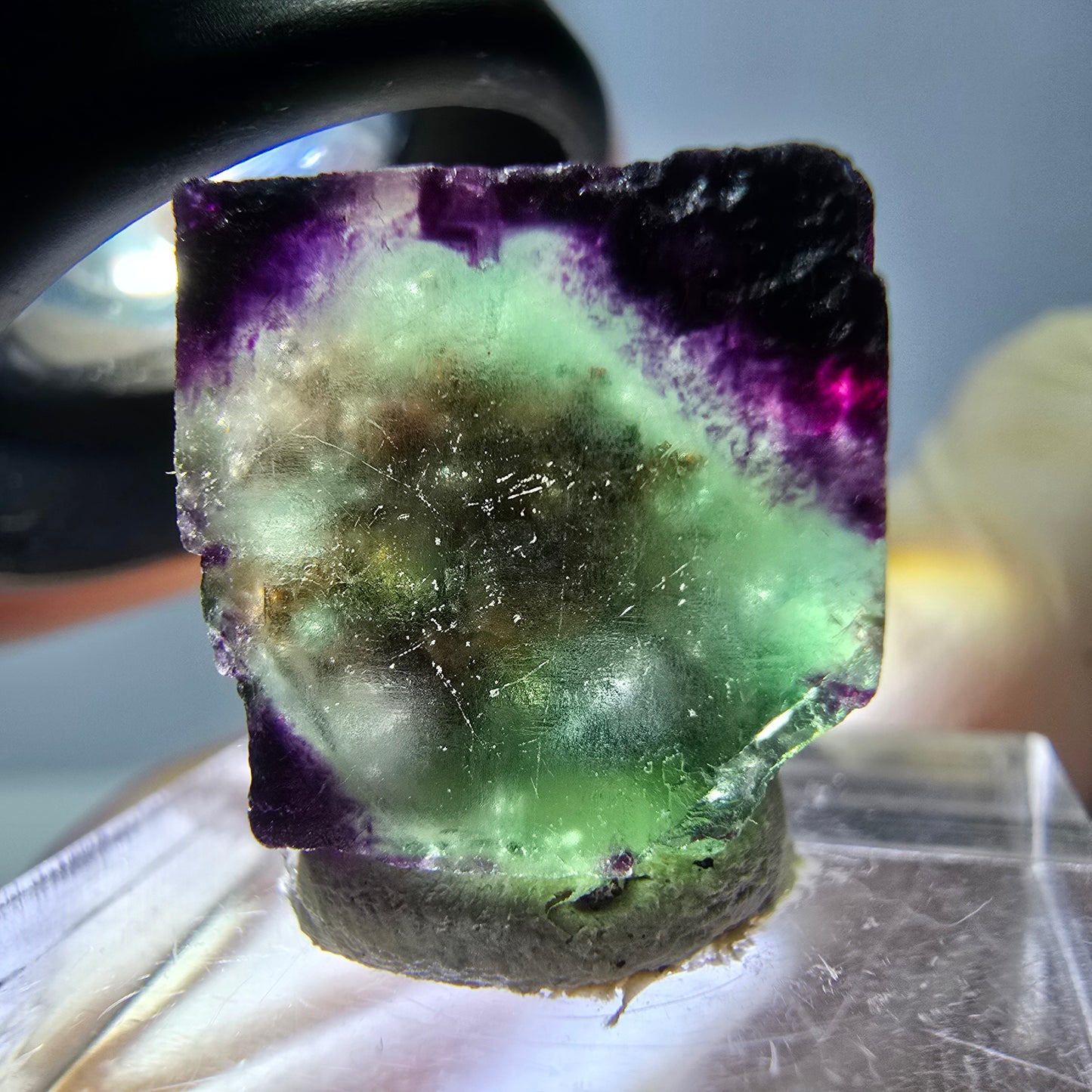 Cube de fluorite fantôme parqueté, zonal, vert violet Okorusu, Namibie 15*15*10mm