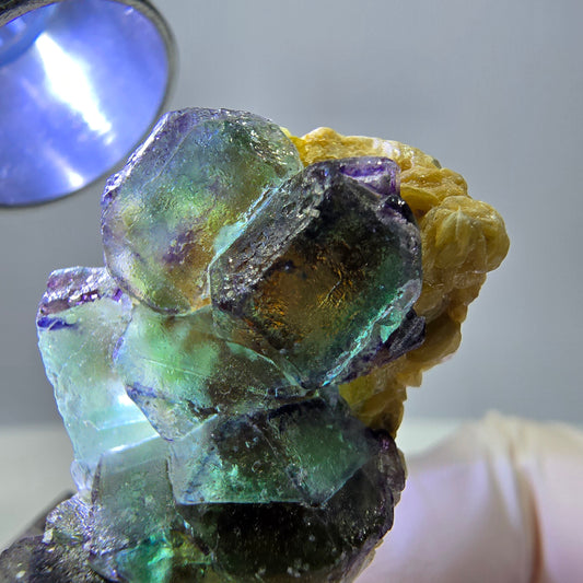 Phantom Fluorit Würfel, zonal, Muskovit Stufe Erongo, Namibia 38*21*19mm