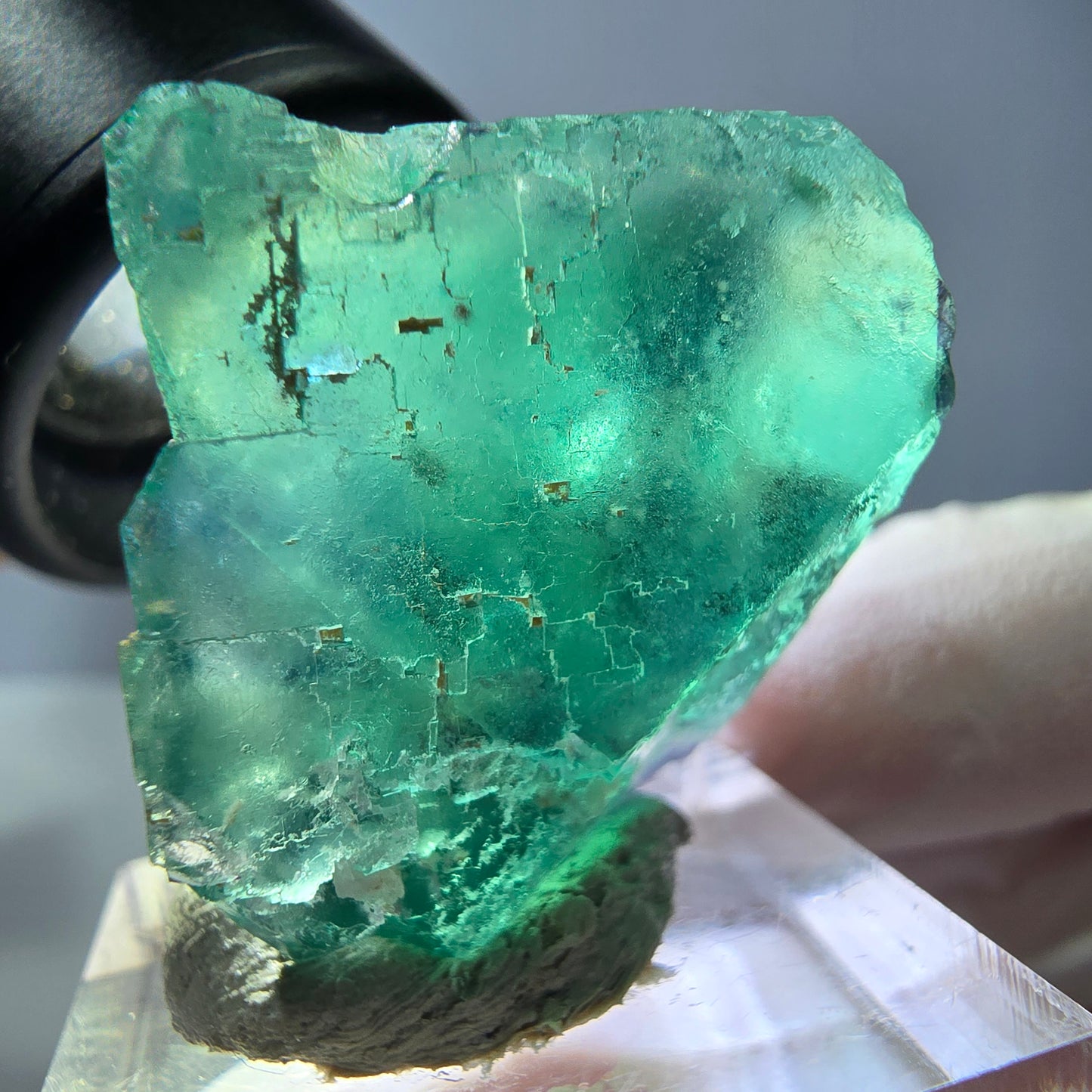 Cube de fluorite fantôme transparente parquetée, vert Okorusu, Namibie 27 x 24 x 23 mm