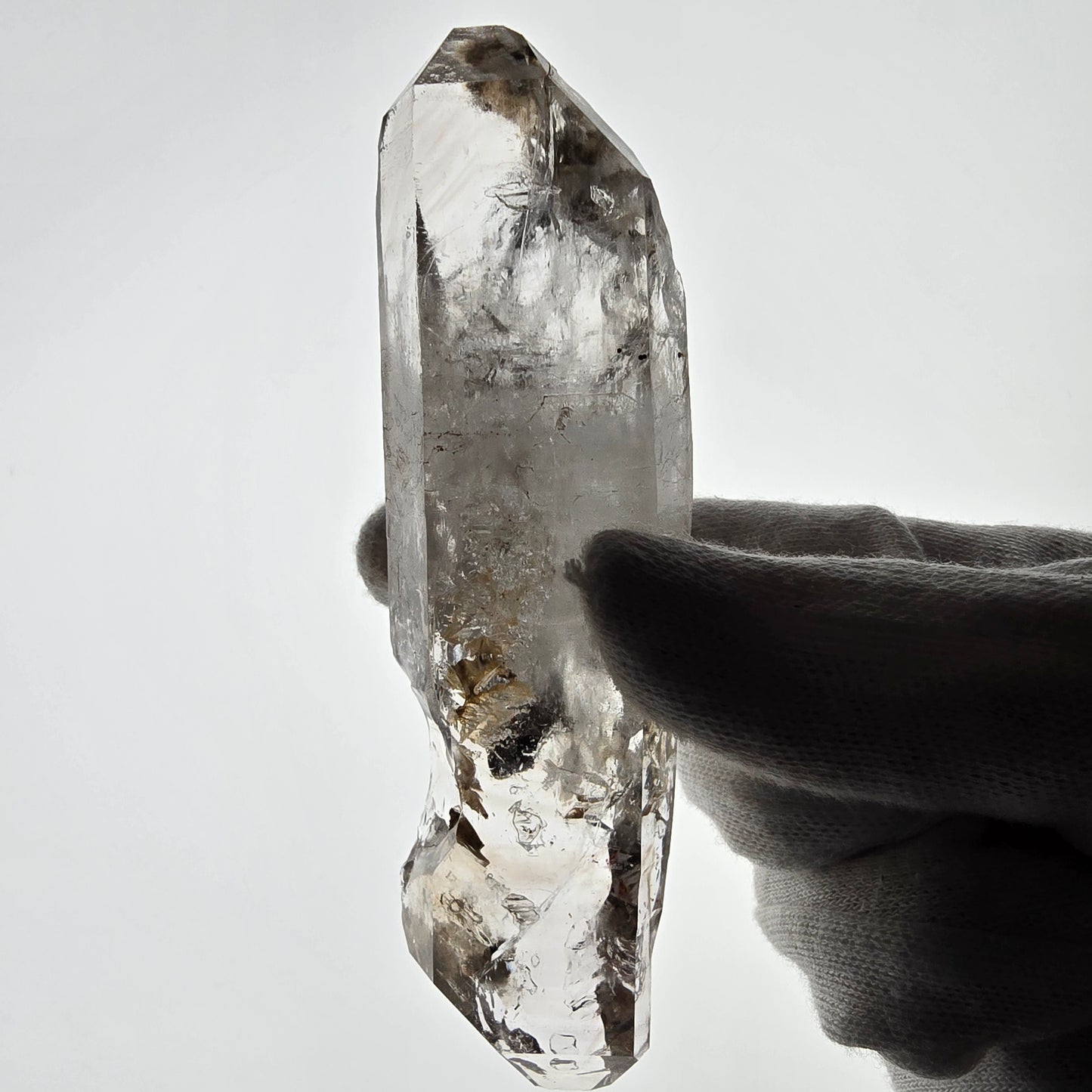 Quartz fumé squelette Enhydro DT, calcite UV, pochette Valentine 3x Bubble, Namibie 118 x 34 x 29 mm