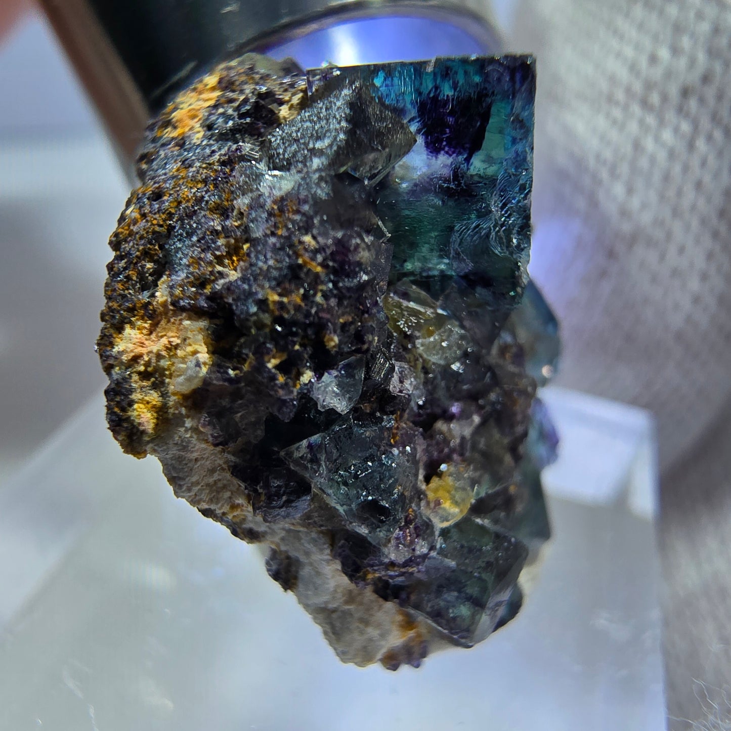 Spécimen rare de cube de fluorite fantôme, vert zonal et violet, Okorusu, Namibie, 23 x 21 x 13 mm
