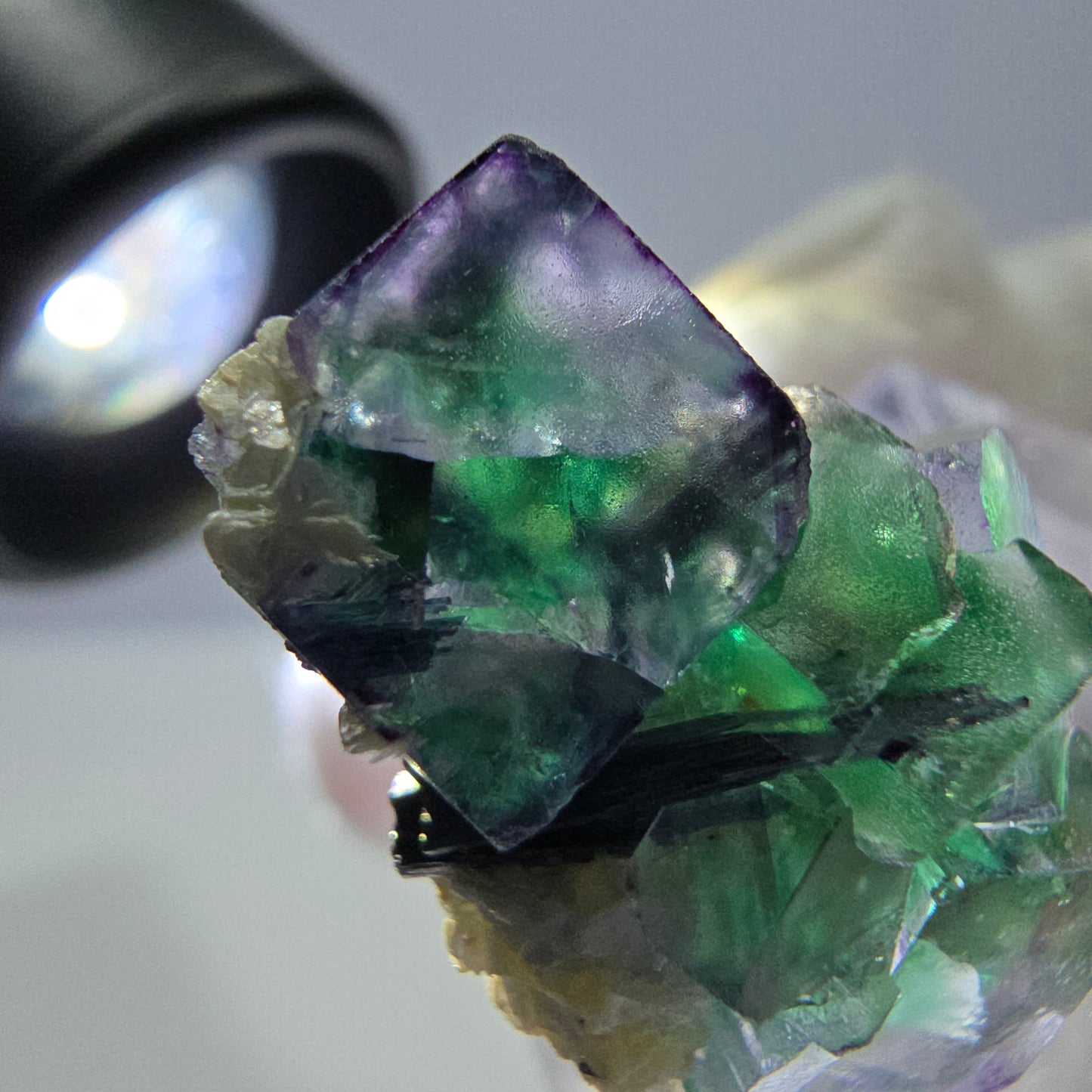 Cube de fluorite fantôme zonal, tourmaline muscovite Schorl Erongo Namibie 26 x 19 x 15 mm