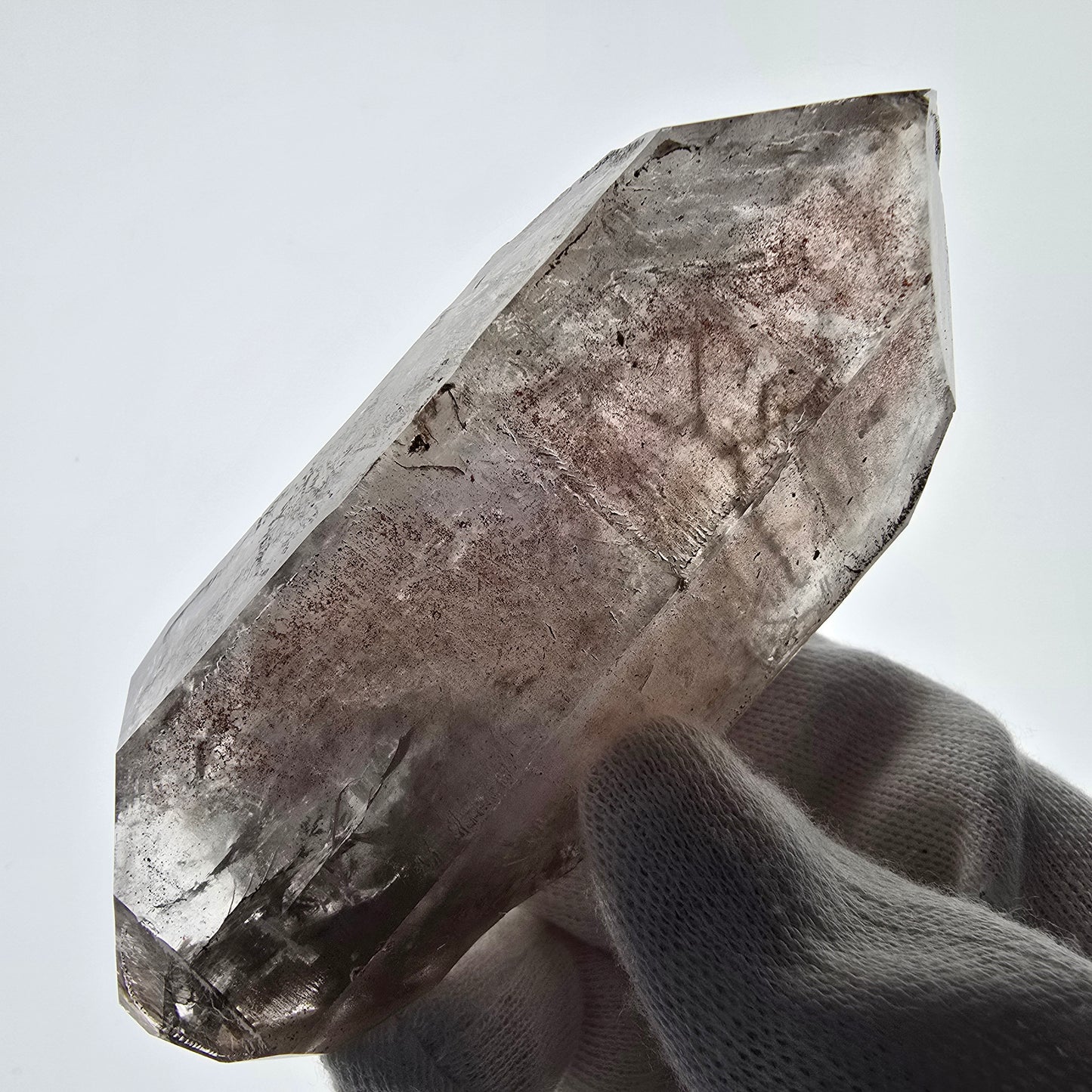 Sceptre fantôme squelette en quartz fumé DT, poche Saint-Valentin en calcite UV, Namibie 97 x 44 x 37 mm
