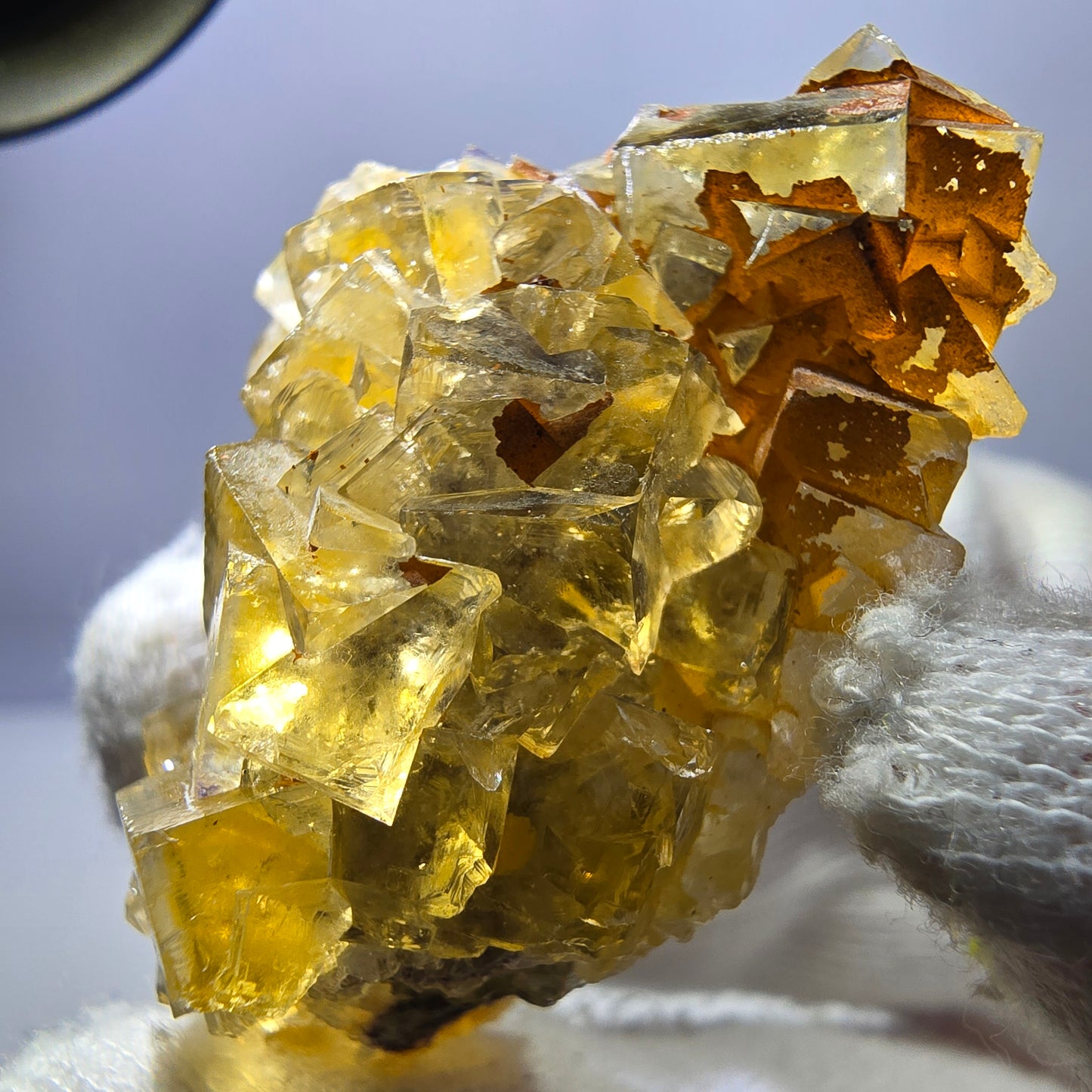Spécimen de cube de fluorite fantôme, poche jaune miel, Okorusu, Namibie, 44 x 30 x 25 mm