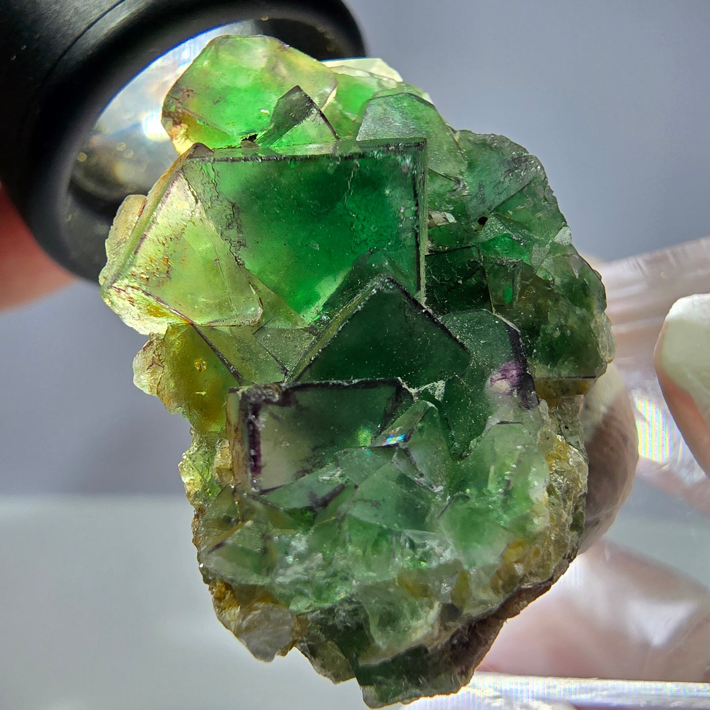 Cube de fluorite fantôme, zonal, muscovite, spécimen de calcite UV, Erongo, Namibie, 31 x 31 x 19 mm