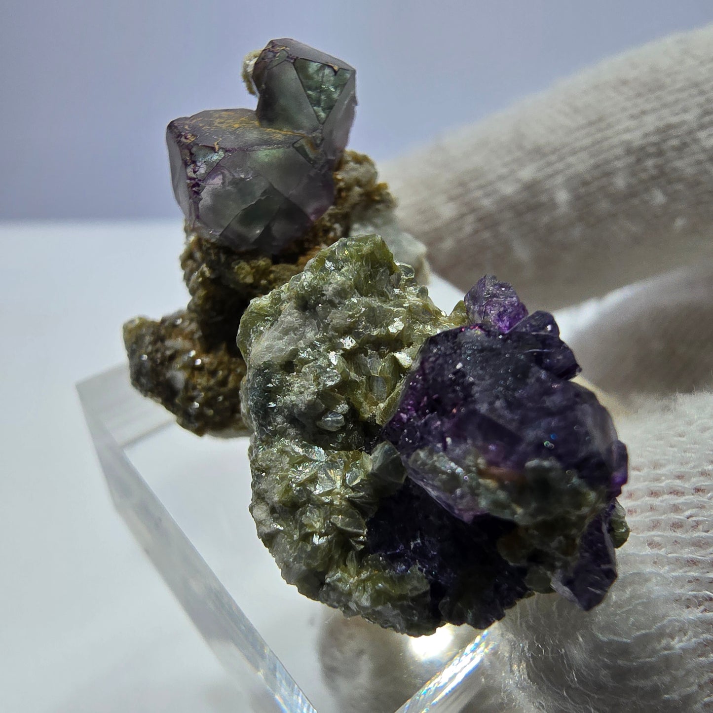 2er Set Phantom Fluorit Würfel zonal, Muskovit Stufe Erongo, Namibia 20+23mm