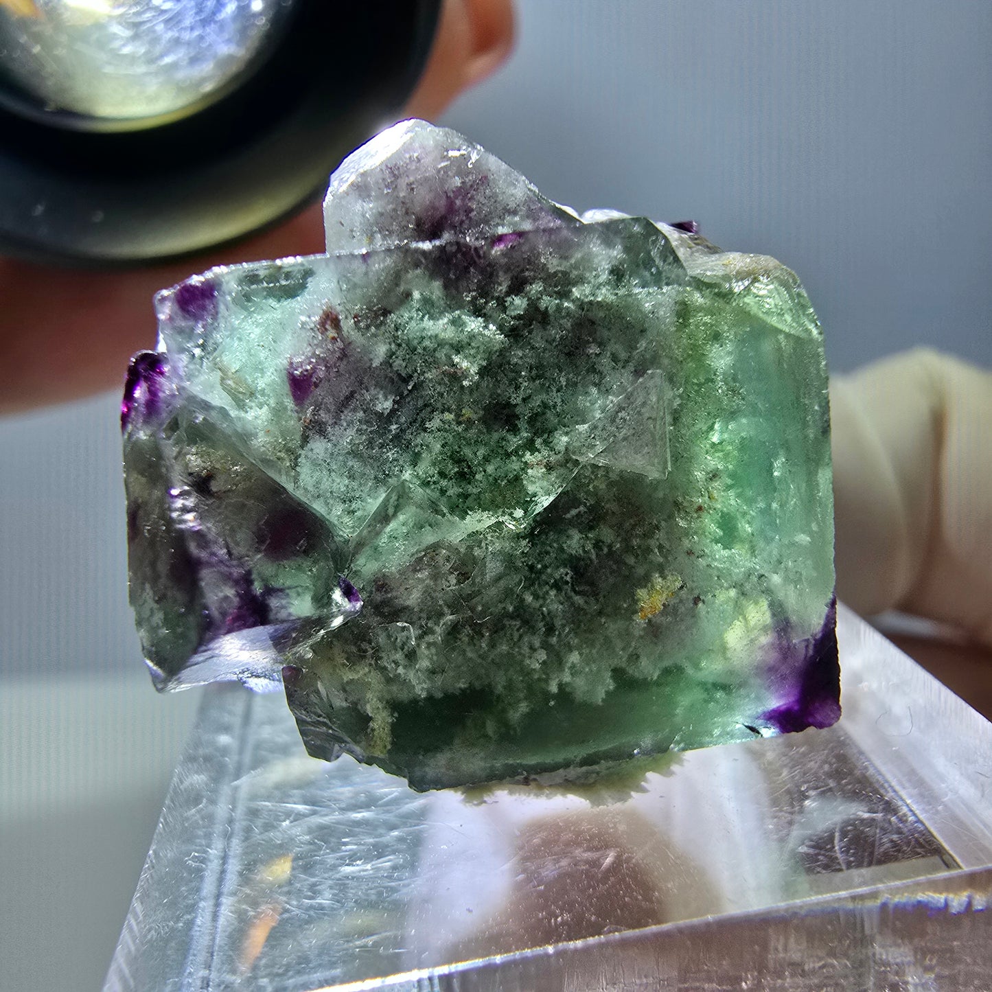 Phantom Fluorit Würfel, Quarz Stufe, grün lila Okorusu, Namibia 22*21*18mm