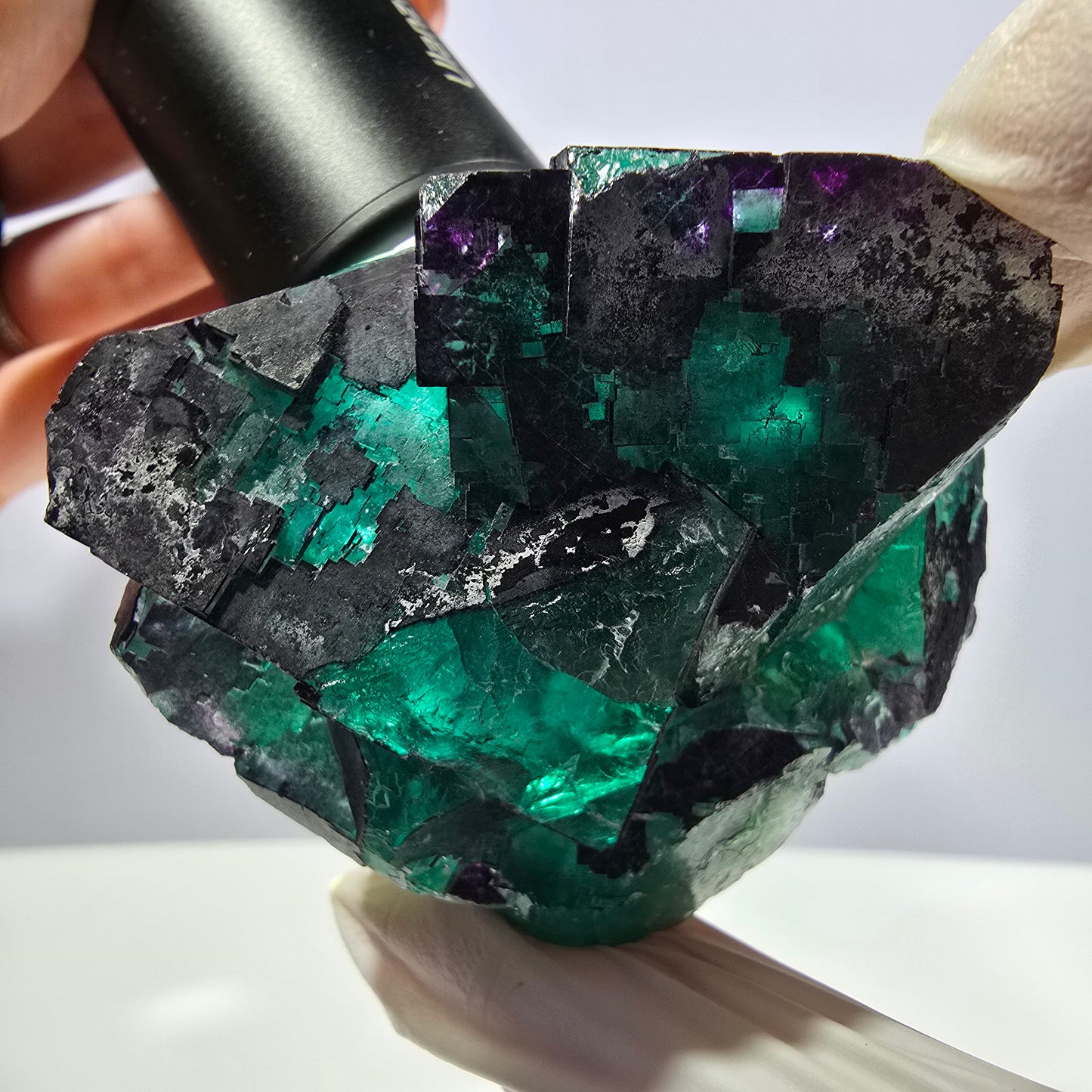 Spécimen de cube de fluorite fantôme vert violet zonal 11:11 Angel Pocket, Namibie 69*53*40mm