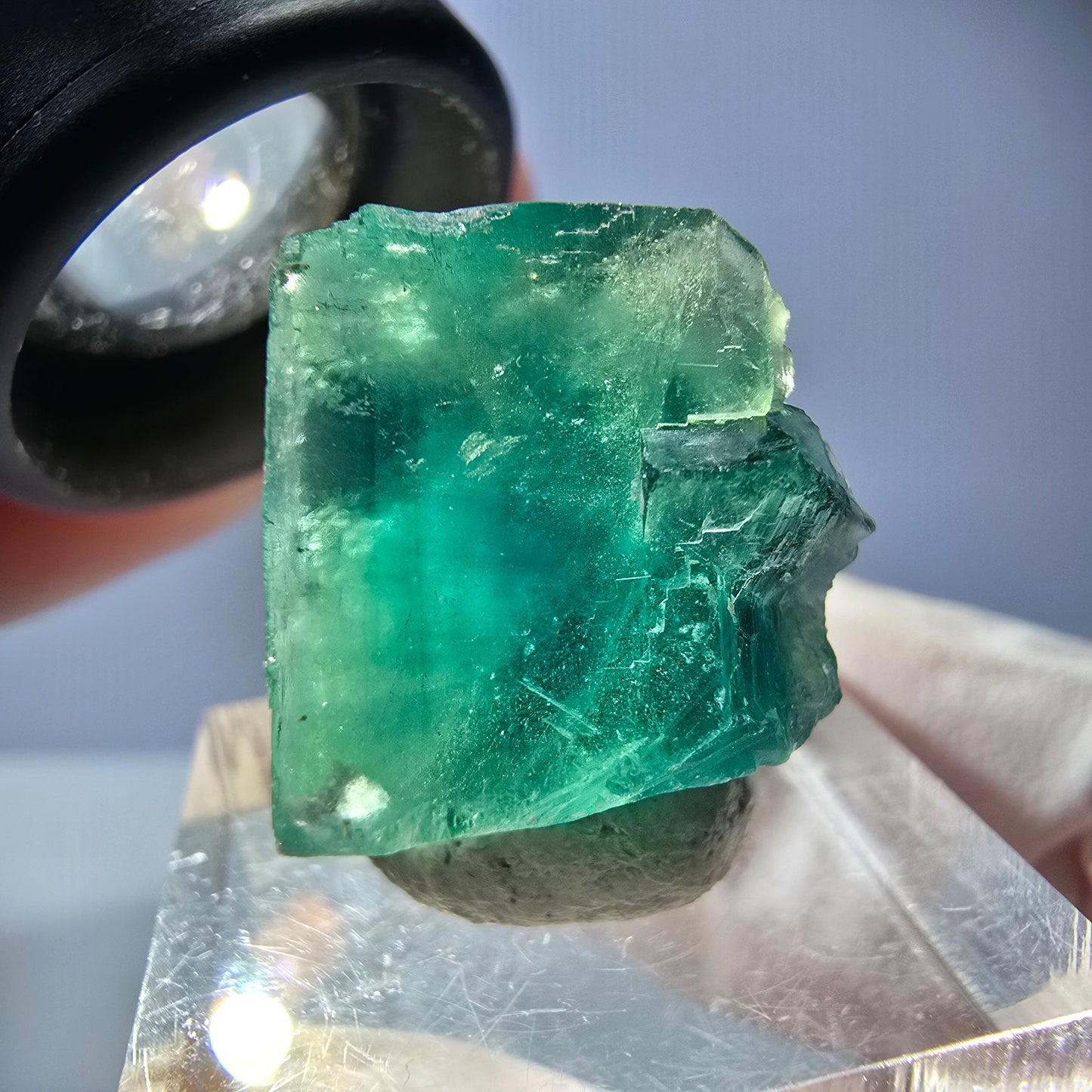 Cube de fluorite fantôme transparente parquetée, vert Okorusu, Namibie 18 x 18 x 17 mm