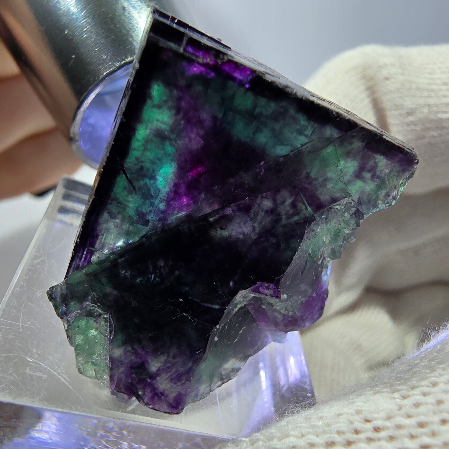 Spécimen zonal de cube de fluorite fantôme, vert violet, Okorusu, Namibie, 35 x 23 x 27 mm