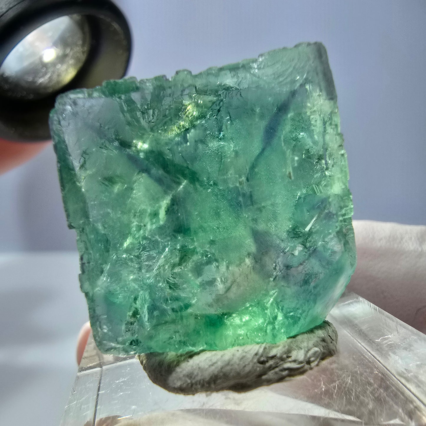 Cube de fluorite fantôme transparente parquetée, vert Okorusu, Namibie 22 x 22 x 17 mm