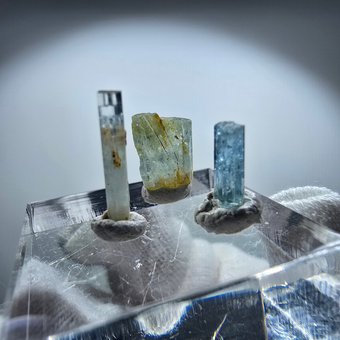 3x Aquamarin Kristalle, blau - 3er Set Erongo, Namibia 9-14mm