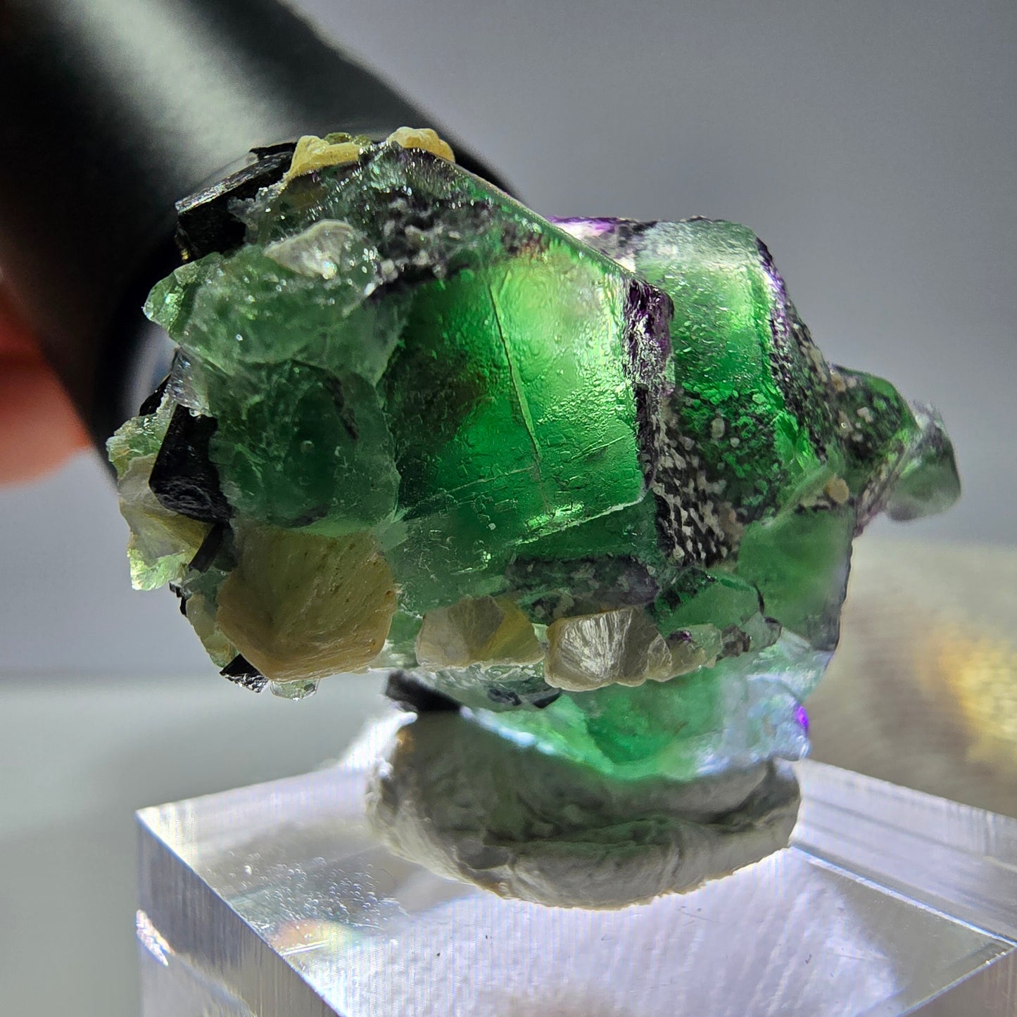 Cube de fluorite fantôme zonal, tourmaline muscovite Schorl Erongo Namibie 36 x 22 x 19 mm