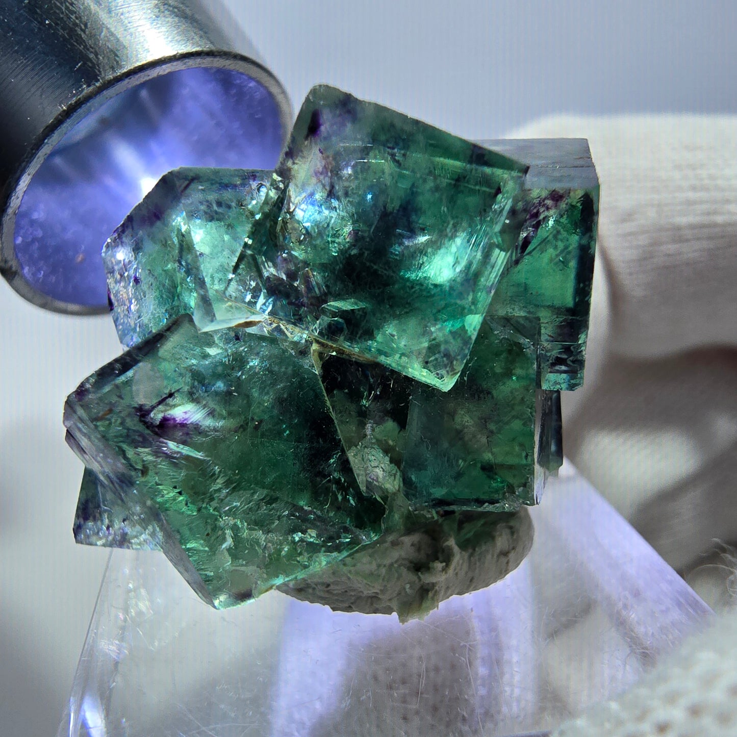 Spécimen zonal de cube de fluorite fantôme, vert violet, Okorusu, Namibie, 32 x 23 x 17 mm