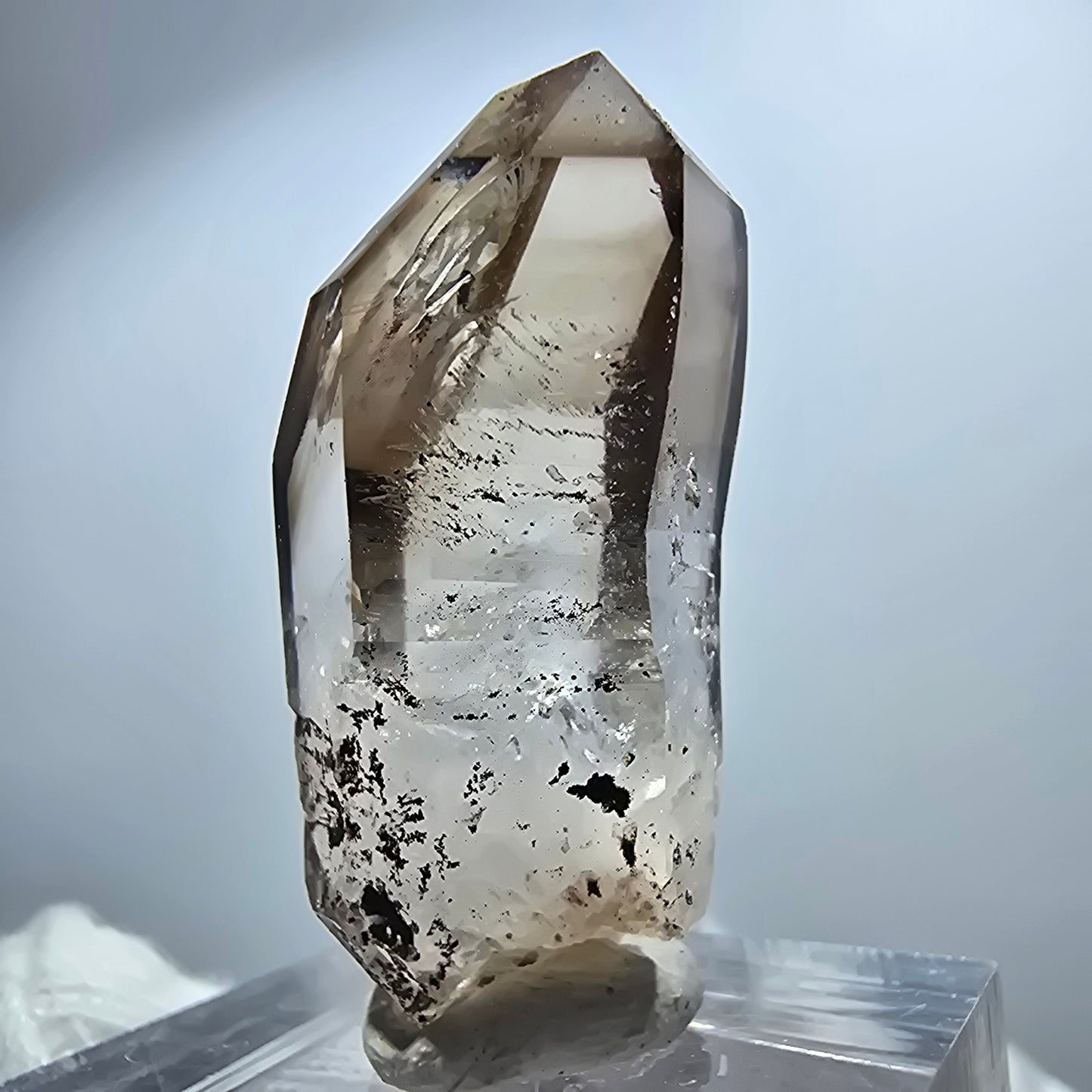 Pointe de sceptre en quartz fumé fantôme transparent, Goboboseb, Namibie, 35 x 13 x 13 mm