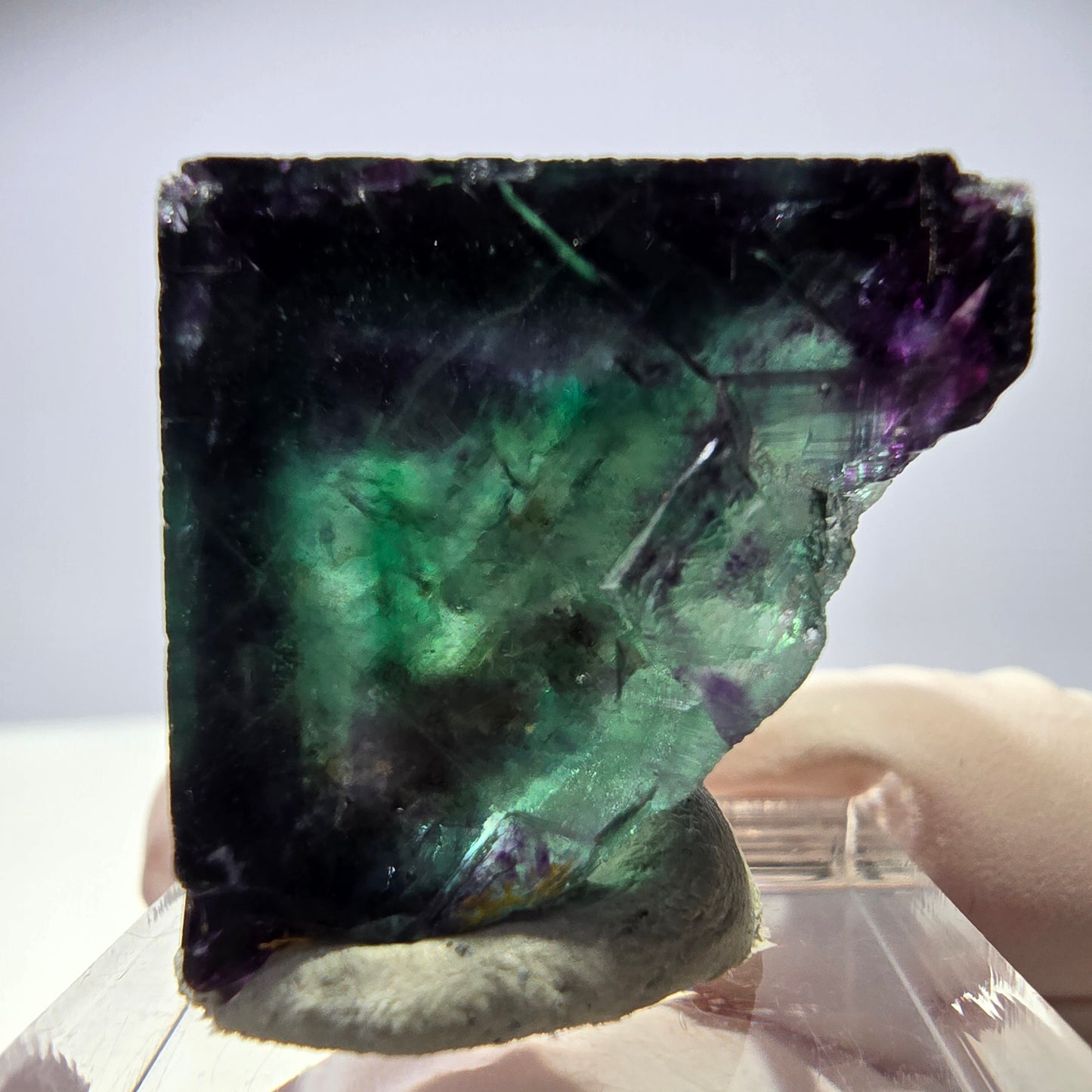 Rare cube de fluorite fantôme parqueté vert violet Okorusu Namibie 24*24*24mm