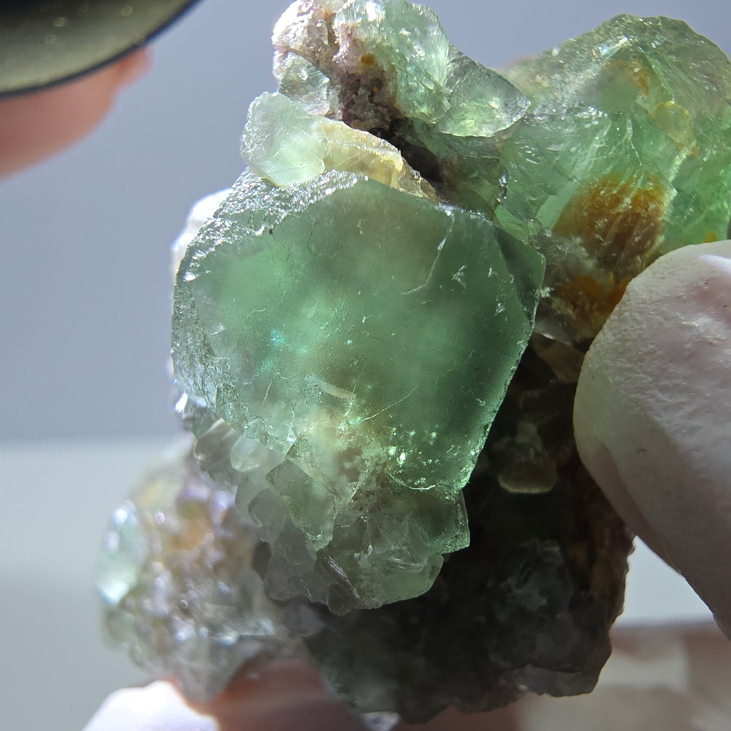 Rare cube de fluorite fantôme, spécimen de quartz vert violet Okorusu Namibie 47 x 28 x 25 mm