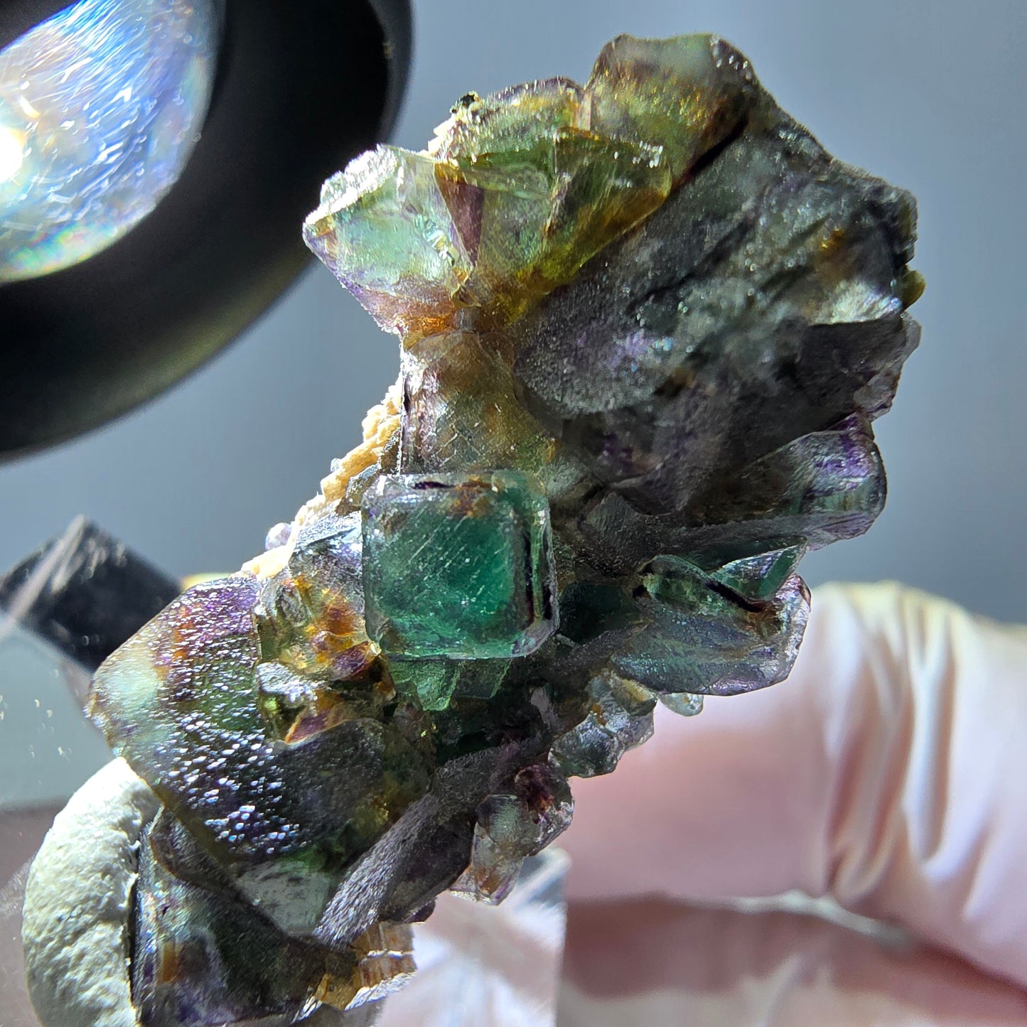 Cube de fluorite fantôme zonal, béryl, spécimen de muscovite, Erongo, Namibie, 33 x 19 x 11 mm