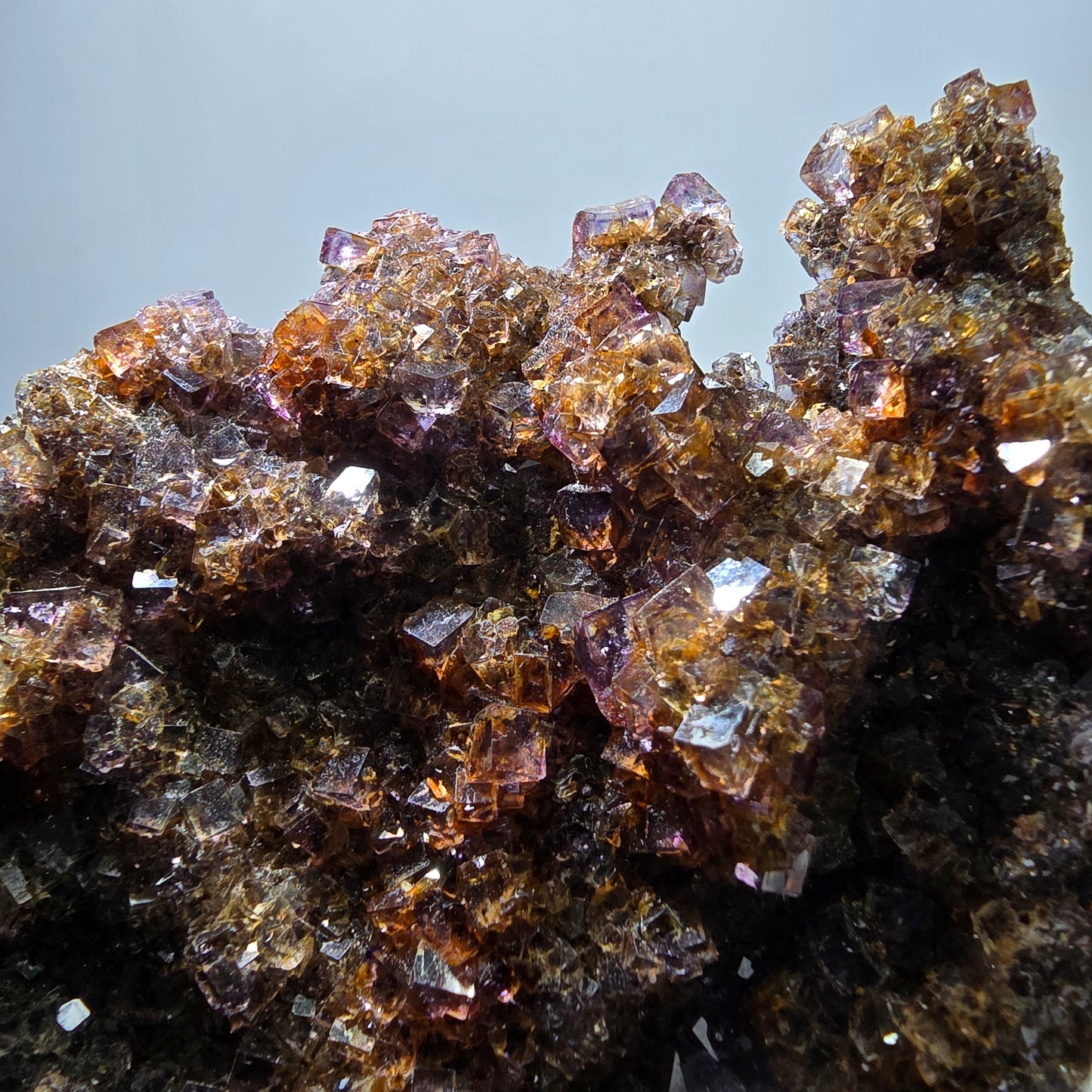 Grand spécimen de cube de fluorite fantôme double face, jaune violet, Okorusu, Namibie, 111 x 89 x 28 mm