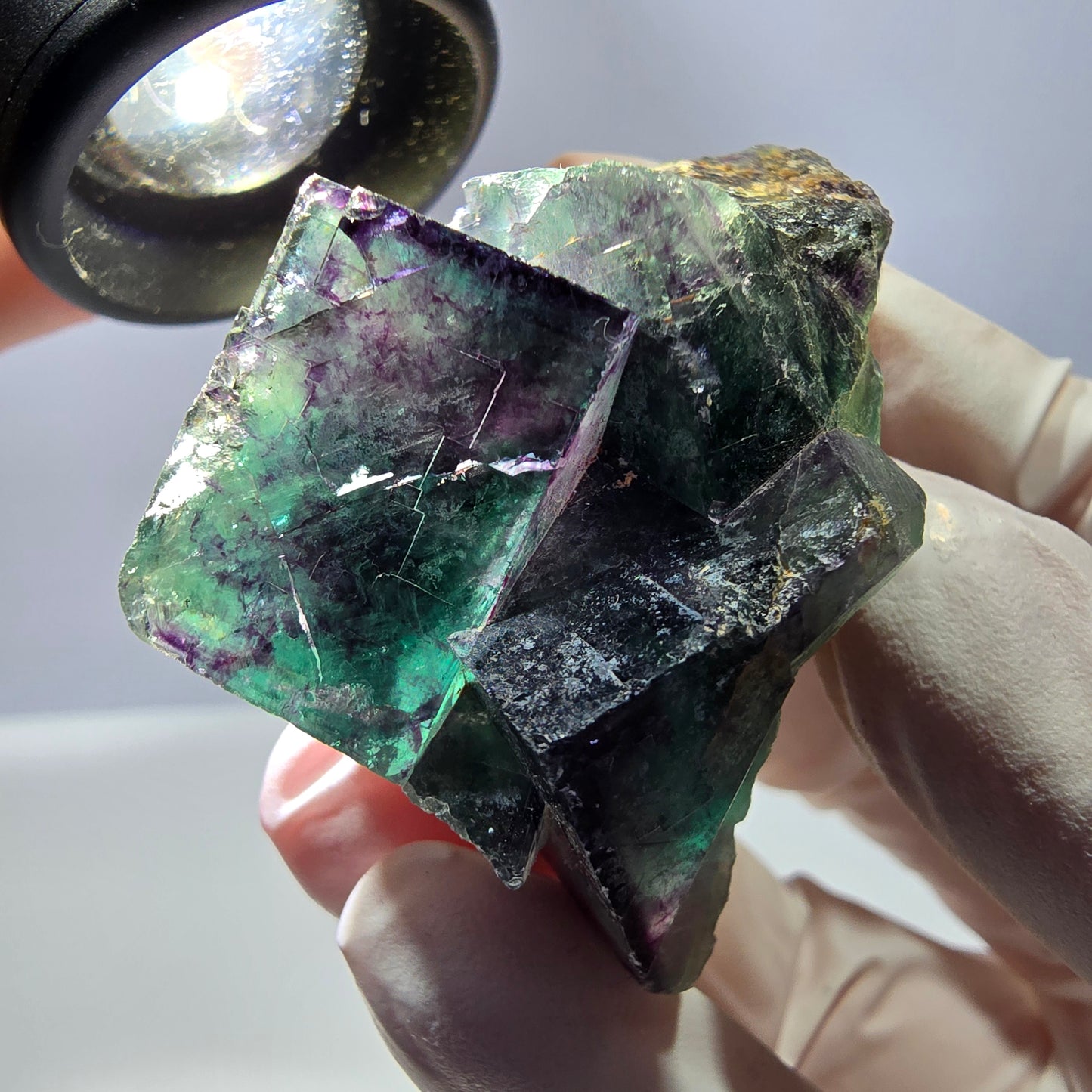 Spécimen de cube de fluorite fantôme parqueté vert violet Okorusu, Namibie 45*40*33mm