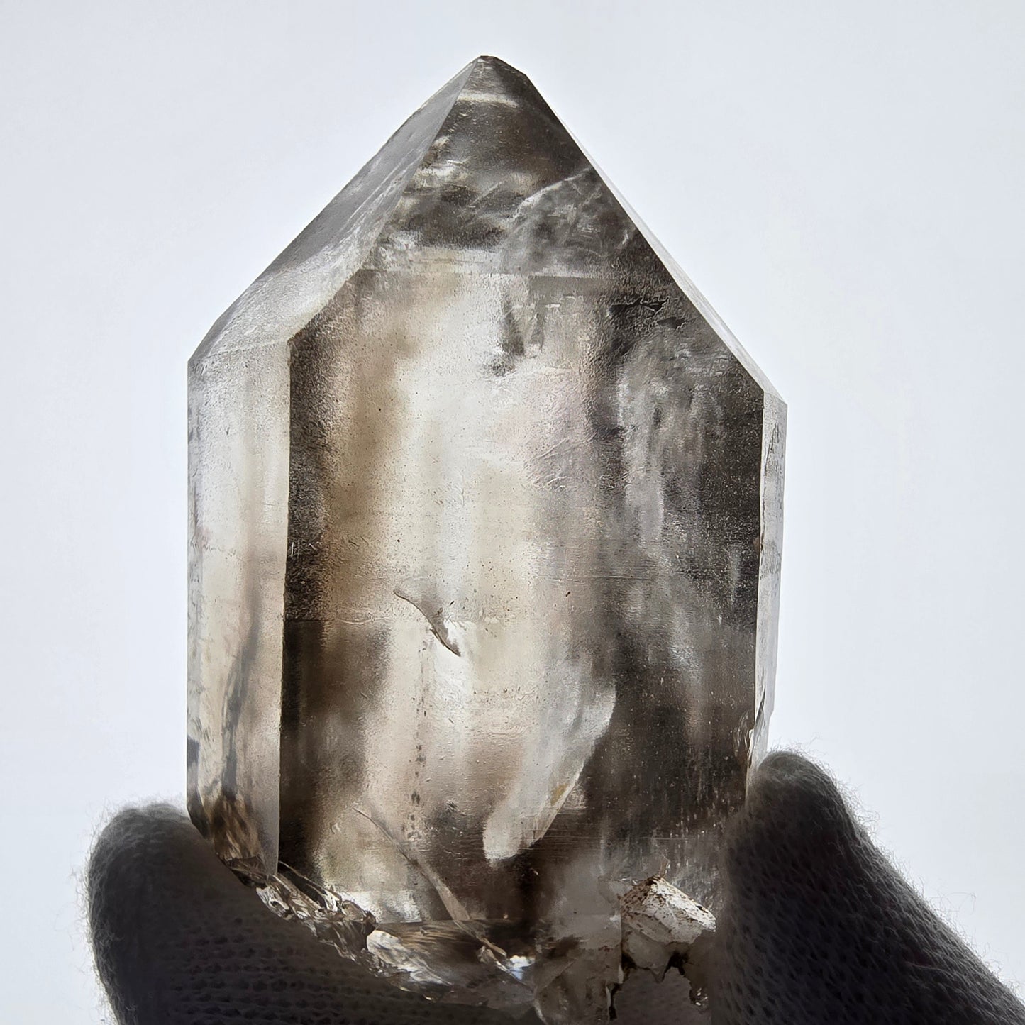 Sceptre DT en quartz fumé squelette Enhydro, poche Valentine en calcite UV, Namibie 71 x 43 x 31 mm
