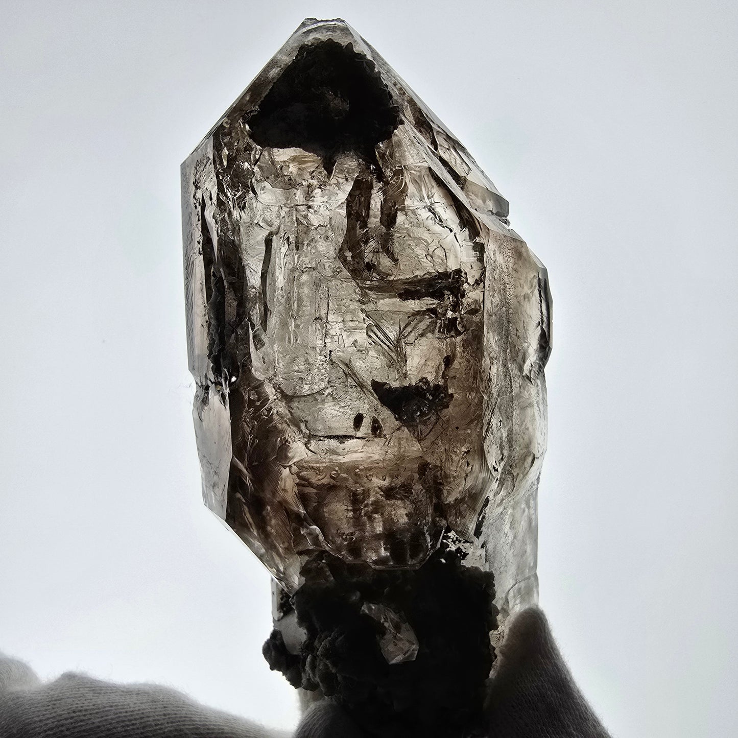 Sceptre en quartz fumé squelette Enhydro, calcite UV, 3 bulles, poche Saint-Valentin, Namibie, 149 x 71 x 52 mm