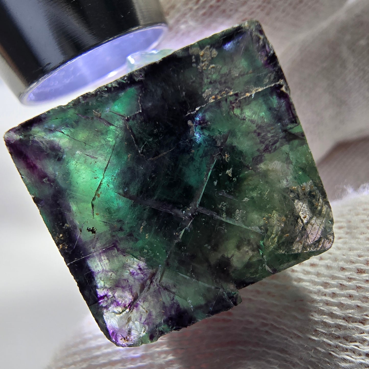 Spécimen rare de cube de fluorite fantôme, vert zonal et violet, Okorusu, Namibie, 29 x 21 x 18 mm