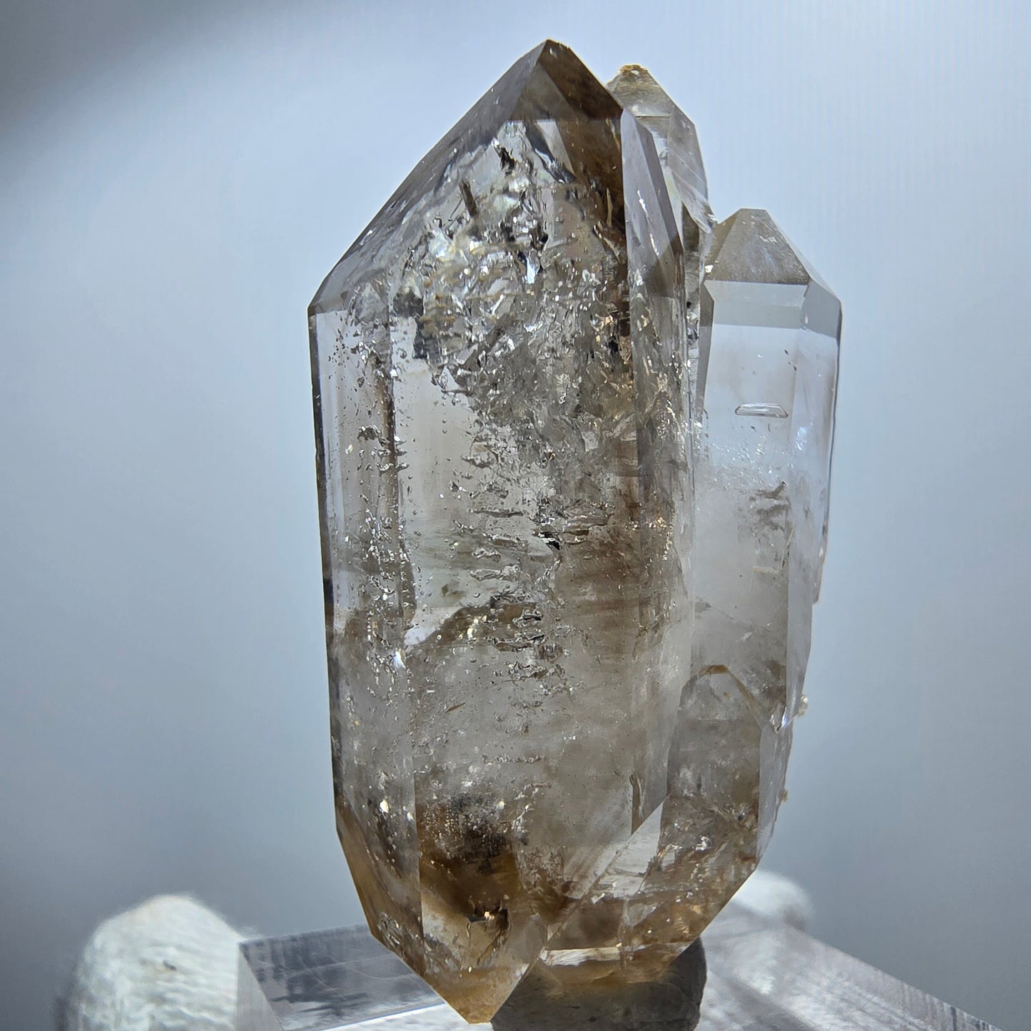 Sceptre en quartz fumé fantôme transparent, spécimen DT, Goboboseb, Namibie, 43 x 24 x 14 mm