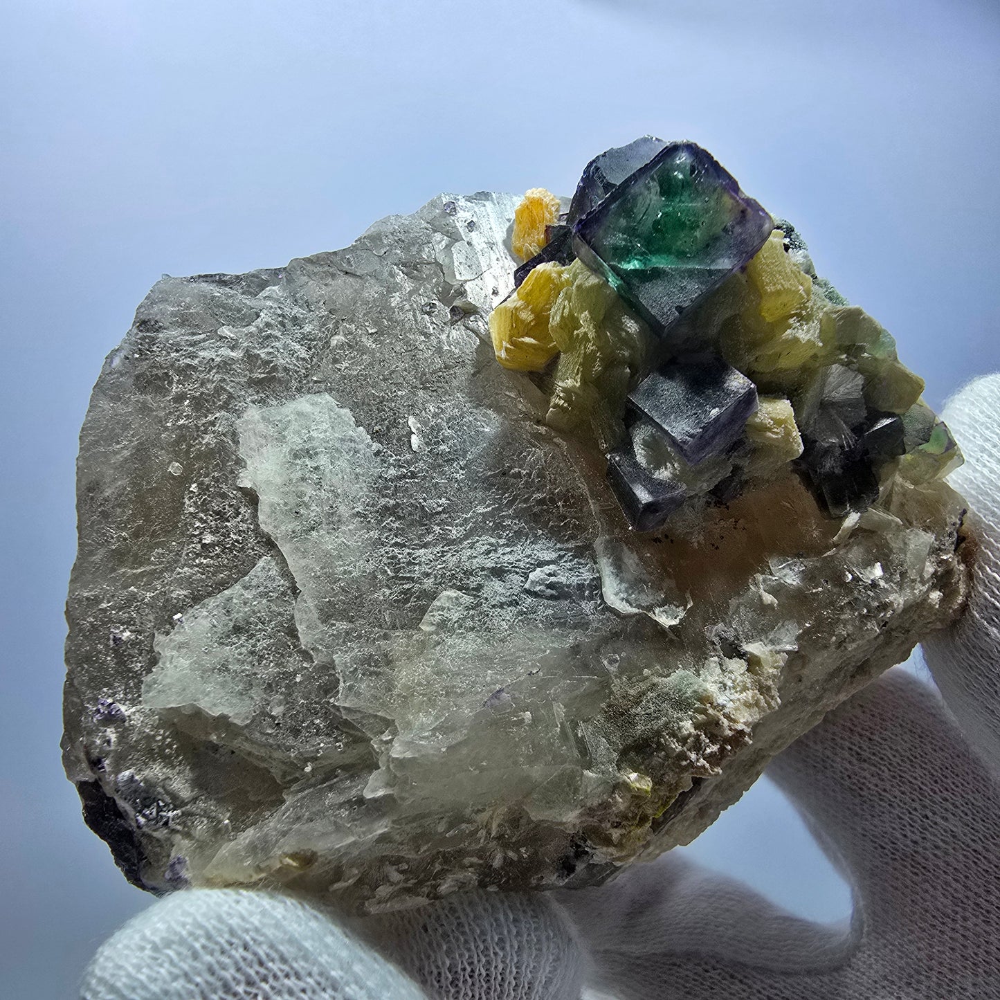 Phantom Fluorit zonal Rauchquarz Hyalit Muskovit Stufe Erongo Namibia 92*72*60mm