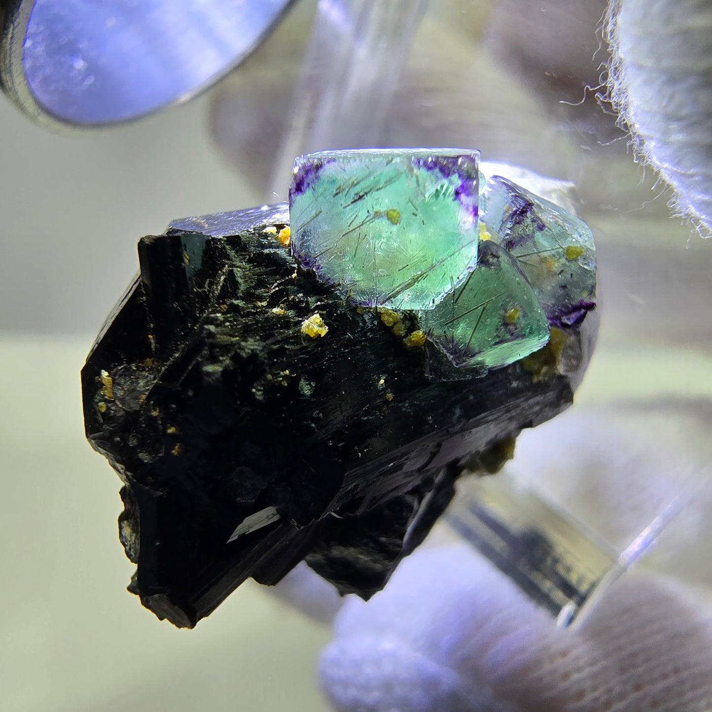 Spécimen de cube de fluorite fantôme zonal, de muscovite et de tourmaline Schorl, Erongo, Namibie, 20 x 19 x 13 mm