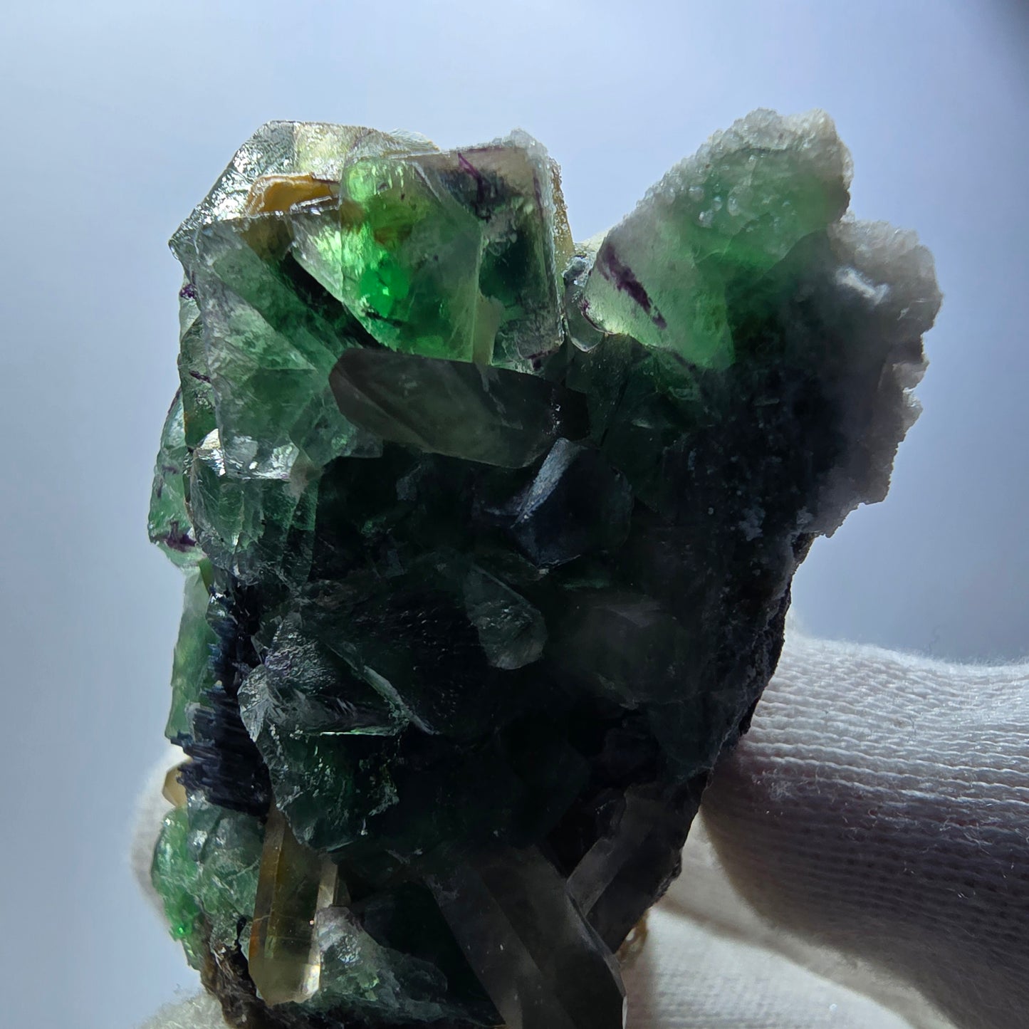 Phantom Fluorit Würfel, Rauchquarz, Schörl Turmalin, Hyalit Erongo, Namibia 66*49*37mm