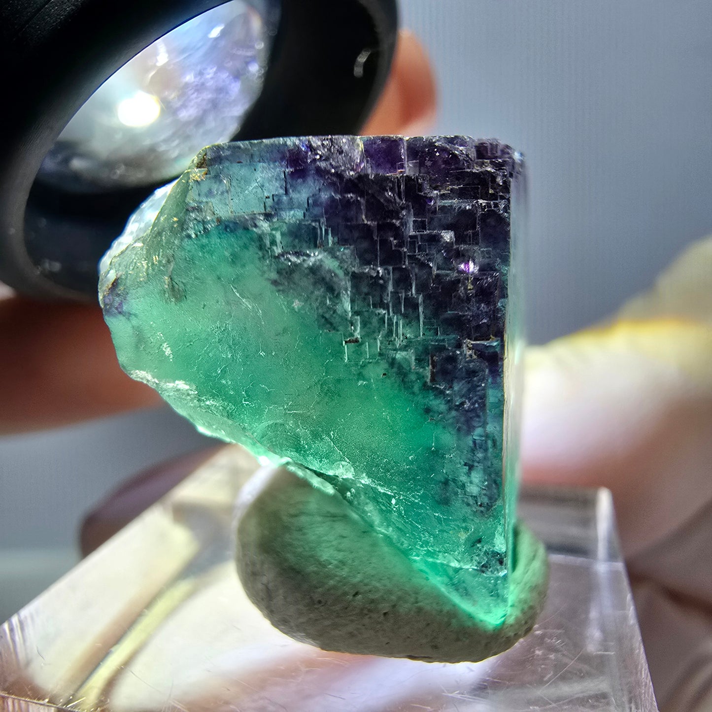 Cube de fluorite fantôme parqueté, zonal, vert violet Okorusu, Namibie 27*22*18mm