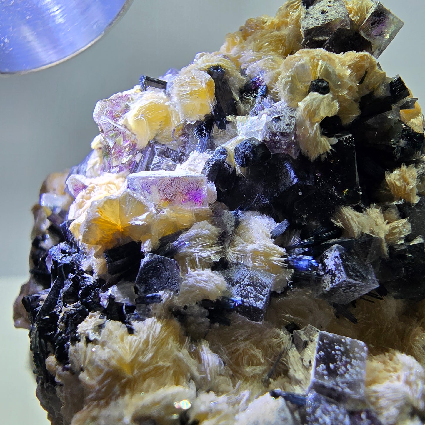 Spécimen de fluorite fantôme colorée, tourmaline scholle, muscovite, Erongo, Namibie, 54 x 49 x 40 mm