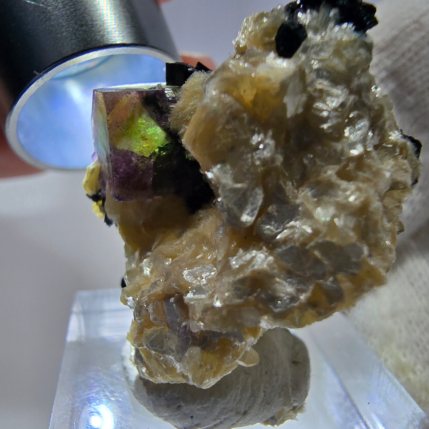 Spécimen de fluorite fantôme colorée, tourmaline scholle, muscovite, Erongo, Namibie, 33 x 25 x 19 mm