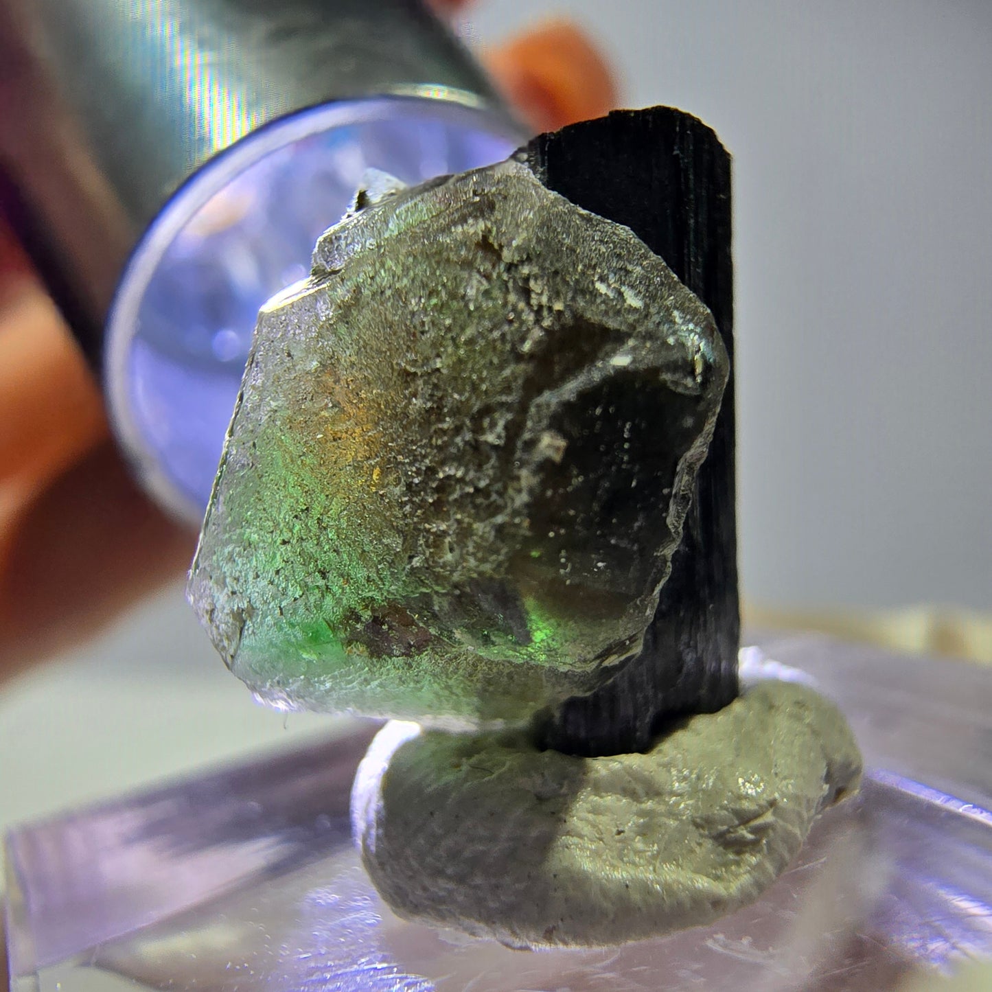 Cube hexagonal de fluorite fantôme, tourmaline Schorl d'Erongo, Namibie 16 x 14 x 13 mm