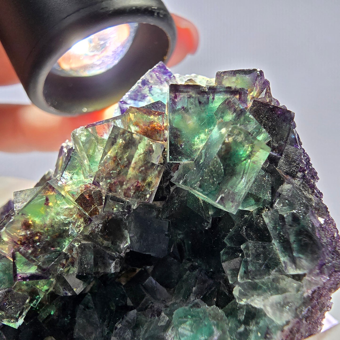 Grand spécimen de cube de fluorite fantôme, vert violet, Okorusu, Namibie, 83 x 55 x 29 mm
