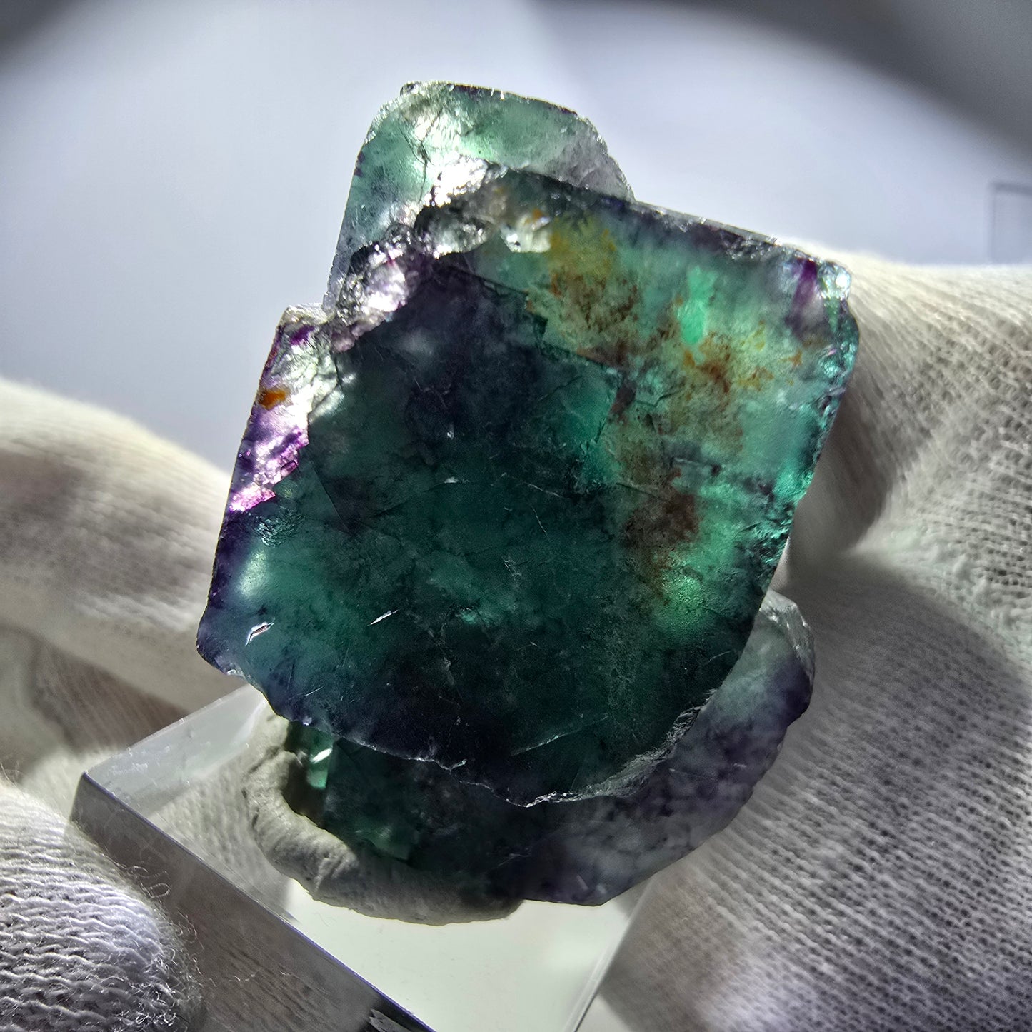 Spécimen rare de cube de fluorite fantôme, vert zonal et violet, Okorusu, Namibie, 45 x 43 x 25 mm