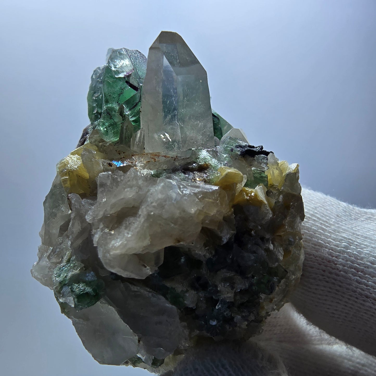 Phantom Fluorit Würfel, Rauchquarz, Schörl Turmalin, Hyalit Erongo, Namibia 62*42*35mm